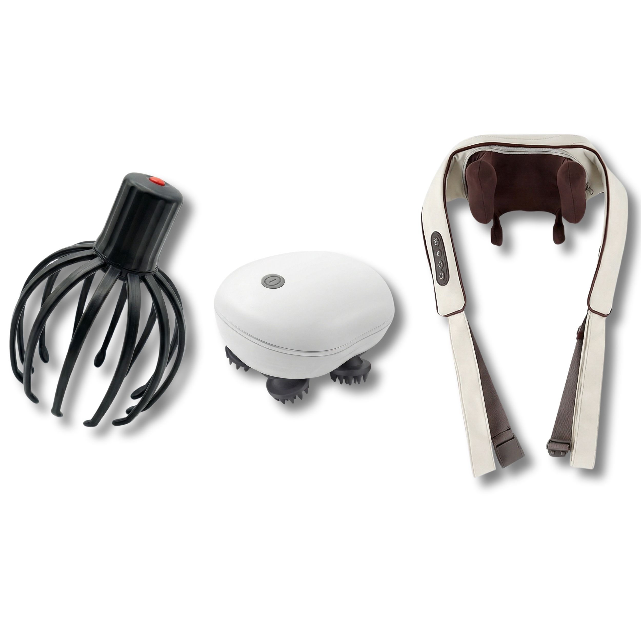 Trois appareils de massage : masseur de cuir chevelu, masseur corporel 3D, masseur de cou Shiatsu. Différentes formes et couleurs.