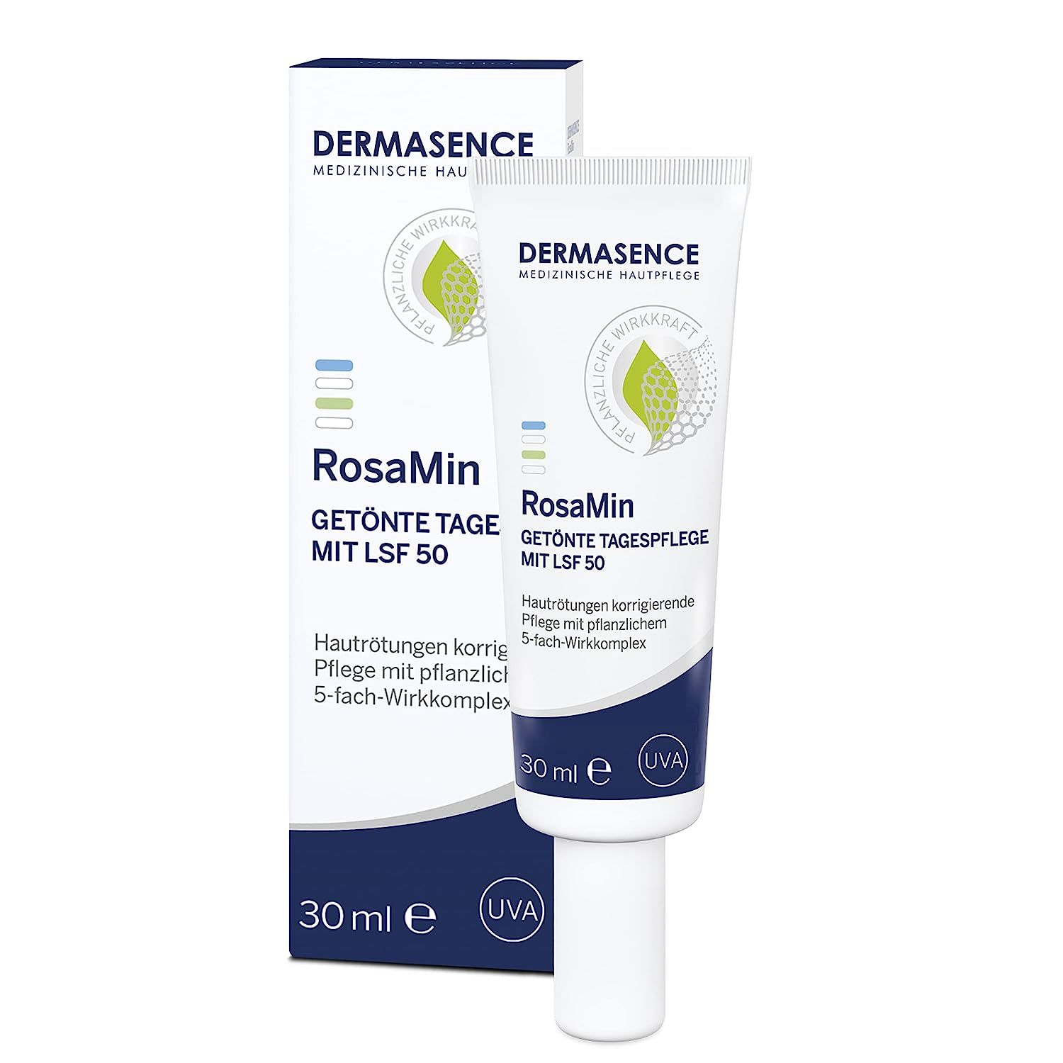Tube de crème et emballage. Texte : RosaMin Soin de jour teinté avec SPF 50. 30 ml. Corrige les rougeurs.