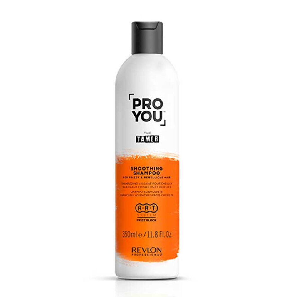Flacon blanc à bouchon noir. Inscription: PRO YOU THE TAMER, Smoothing Shampoo. Bande orange. Revlon Professional.
