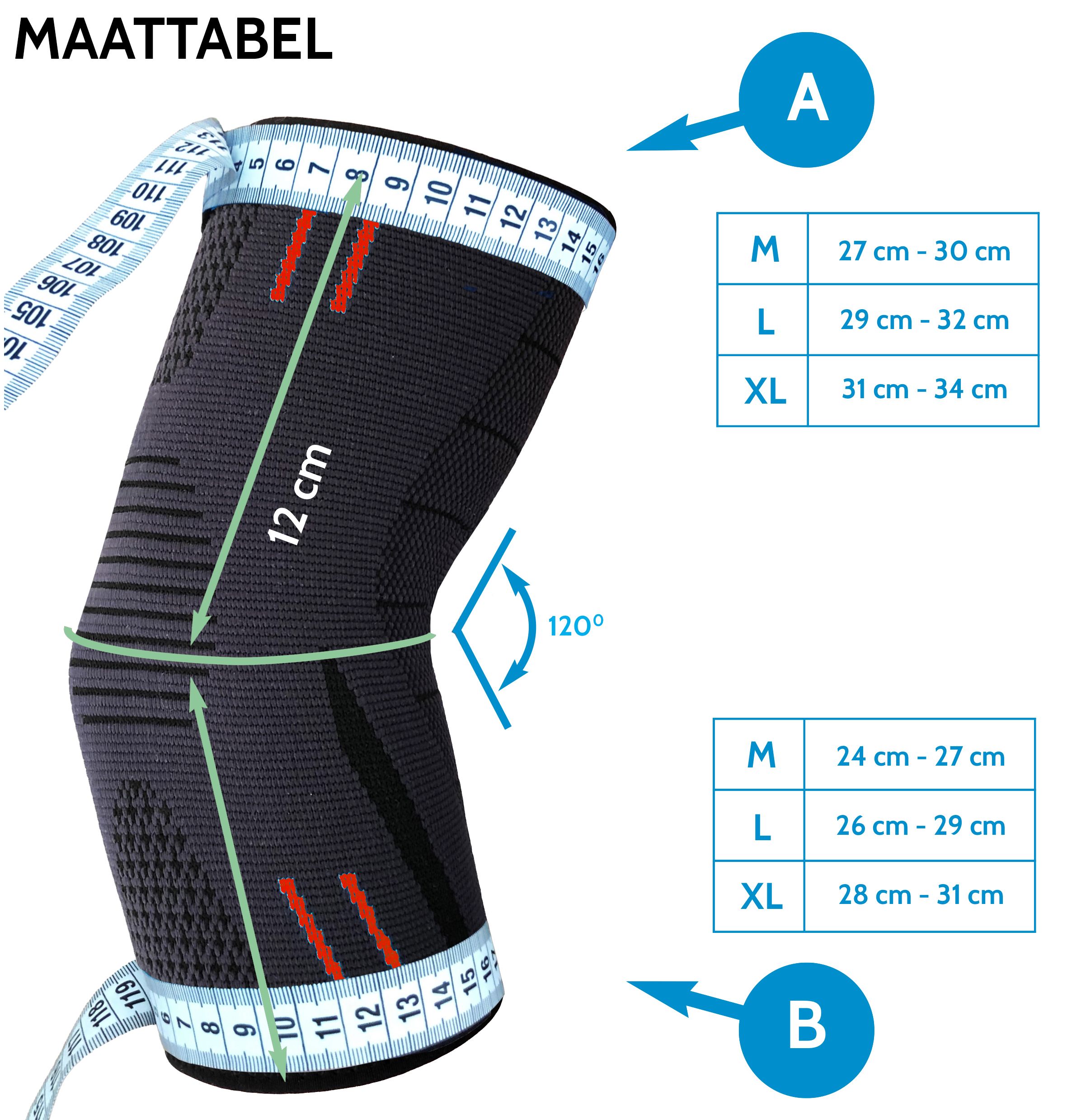Elleboogbandage, grijs-zwart met rode accenten. Maatinformatie in cm. Hoek van 120 graden. Maattabel.