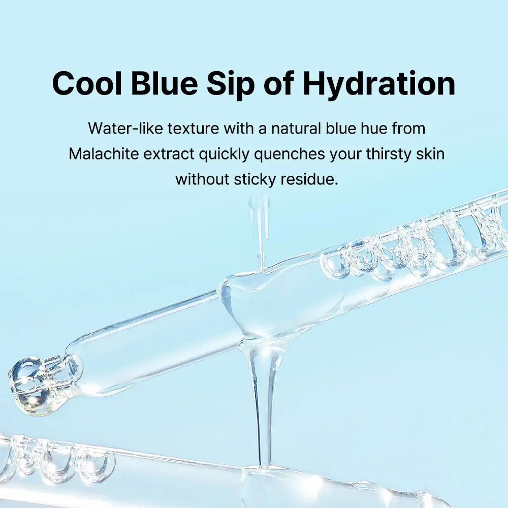 Pipet met serumdruppels. Tekst: Cool Blue Sip of Hydration.