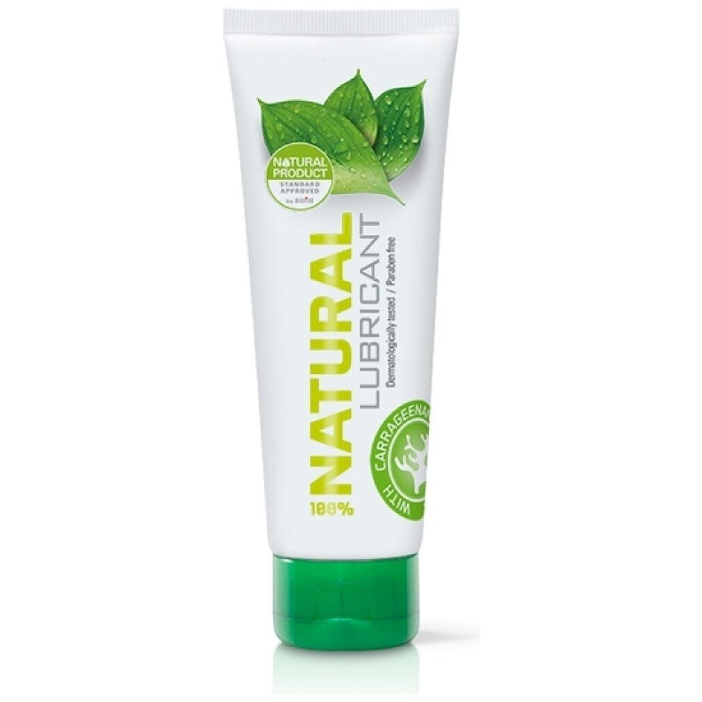 Tube blanc à bouchon vert, inscription "Natural Lubricant". Avec feuilles et gouttes d'eau.