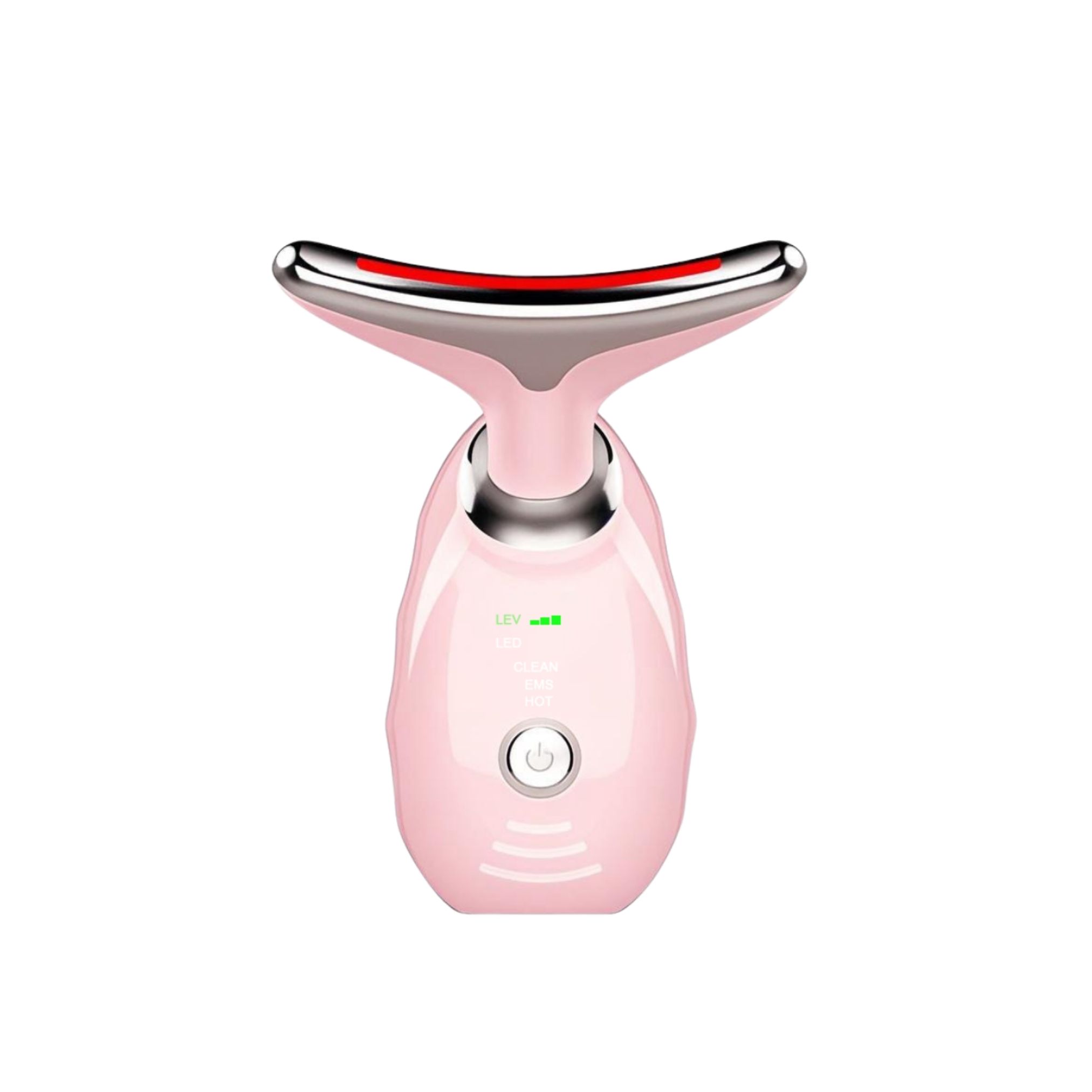 Dispositif de massage rose pour le visage et le cou avec des accents argentés et une barre LED rouge.