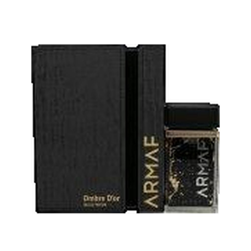 Flacon de parfum noir et emballage. Inscription : ARMAF, Ombre d'Or. Forme rectangulaire.