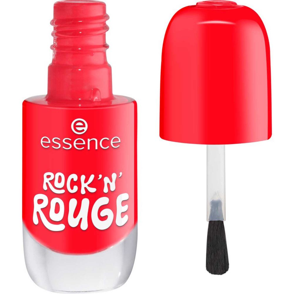 Rode nagellak, fles geopend, borstel zichtbaar. Merk "essence", tekst "ROCK'N' ROUGE".