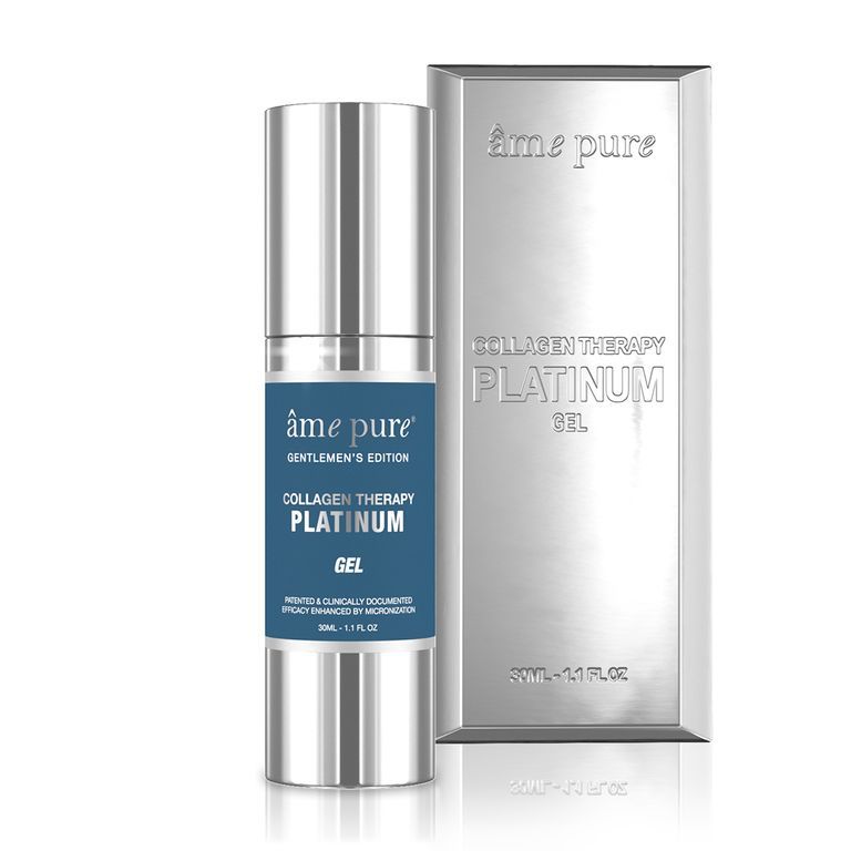 Un flacon distributeur argenté et un emballage argenté, tous deux étiquetés "Collagen Therapy Platinum Gel".