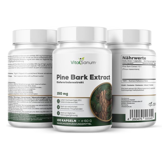 VitaSanum Pine Bark Extract capsules, 150 mg. Drie containers, één voor, twee achter. Etiketten met productinformatie.