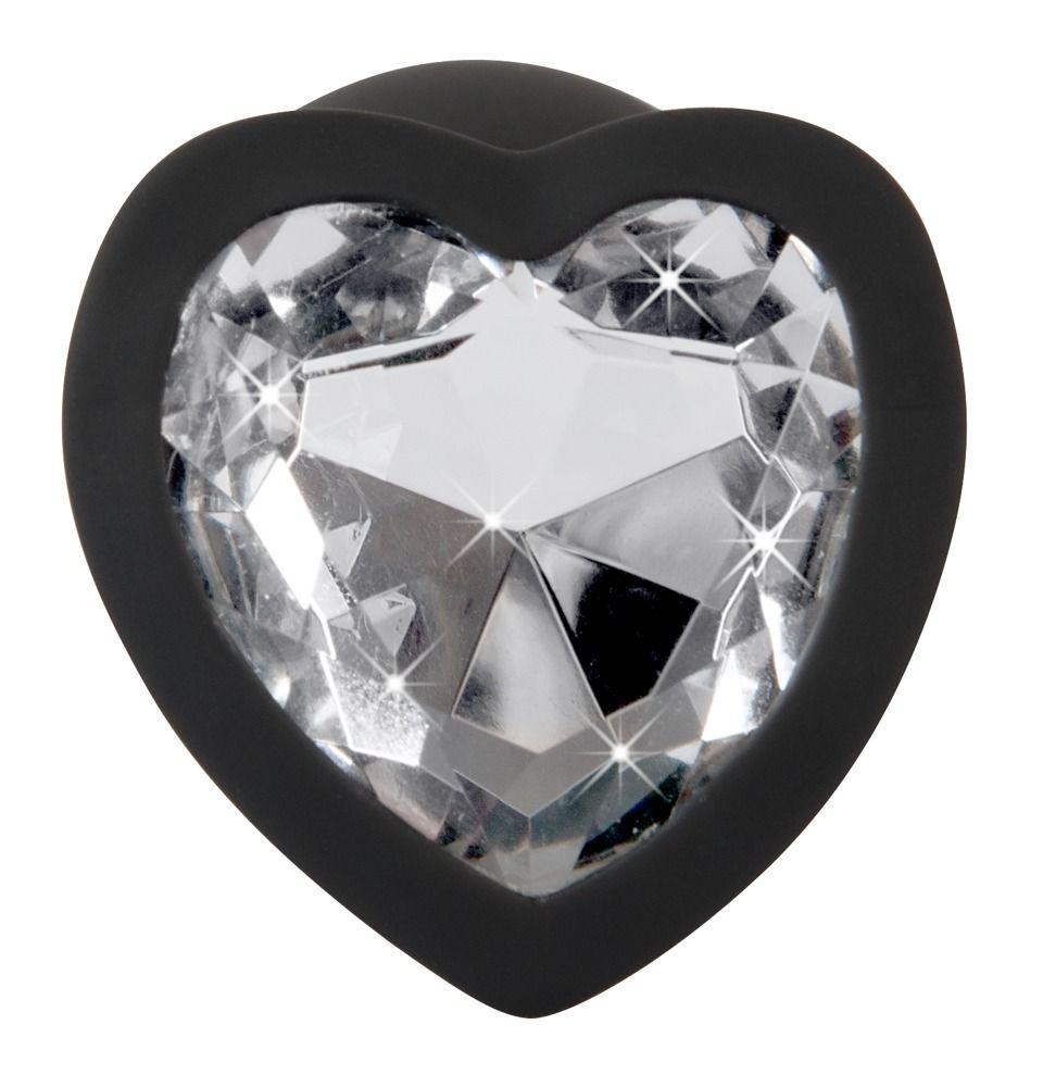 Verpakking met zwarte siliconen butt plug, hartvormige strass steen, afmetingen 7,3 cm lengte, 2,8 cm Ø.