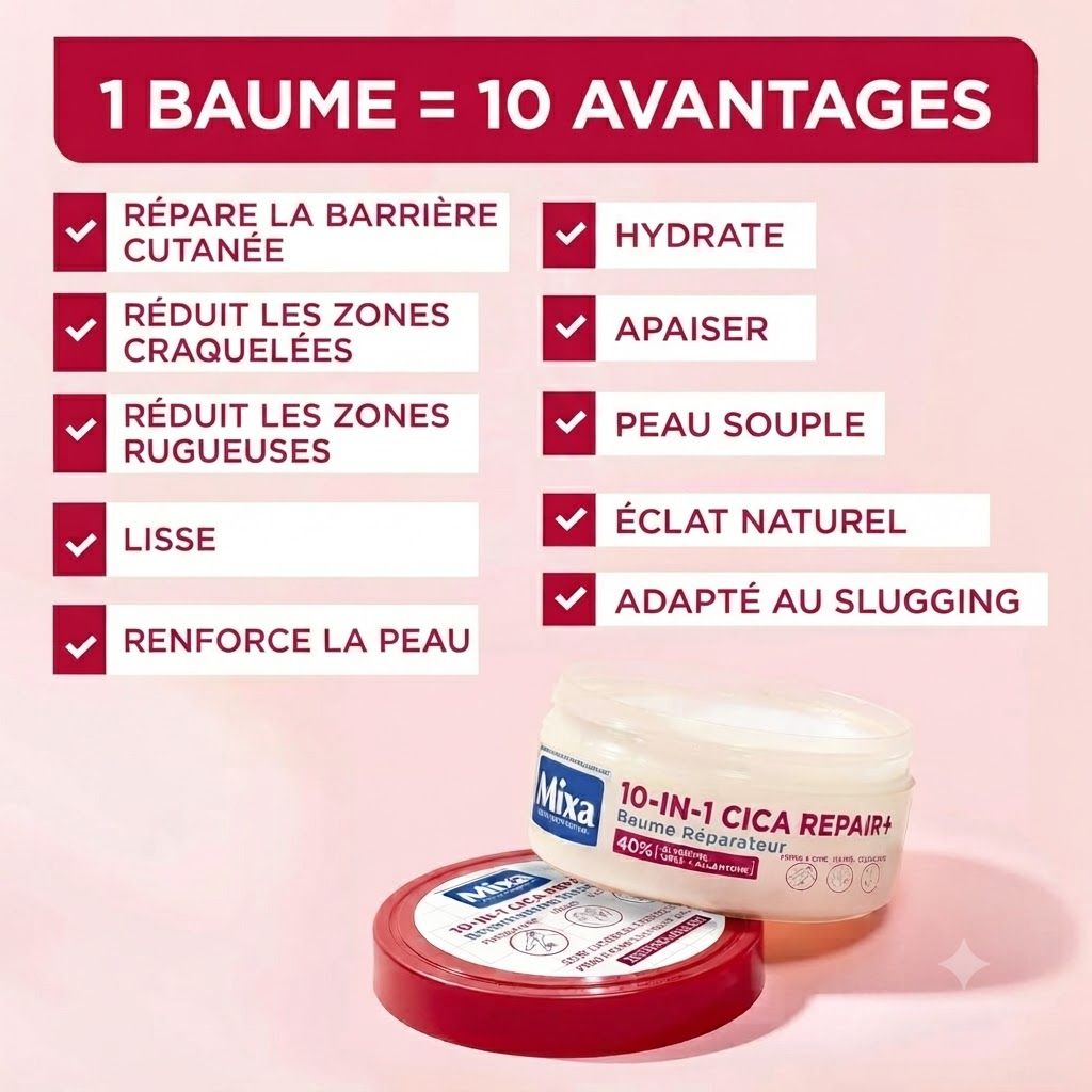 Mixa 10-en-1 Cica Repair+ Baume en pot blanc avec couvercle rouge. Liste de 10 avantages.
