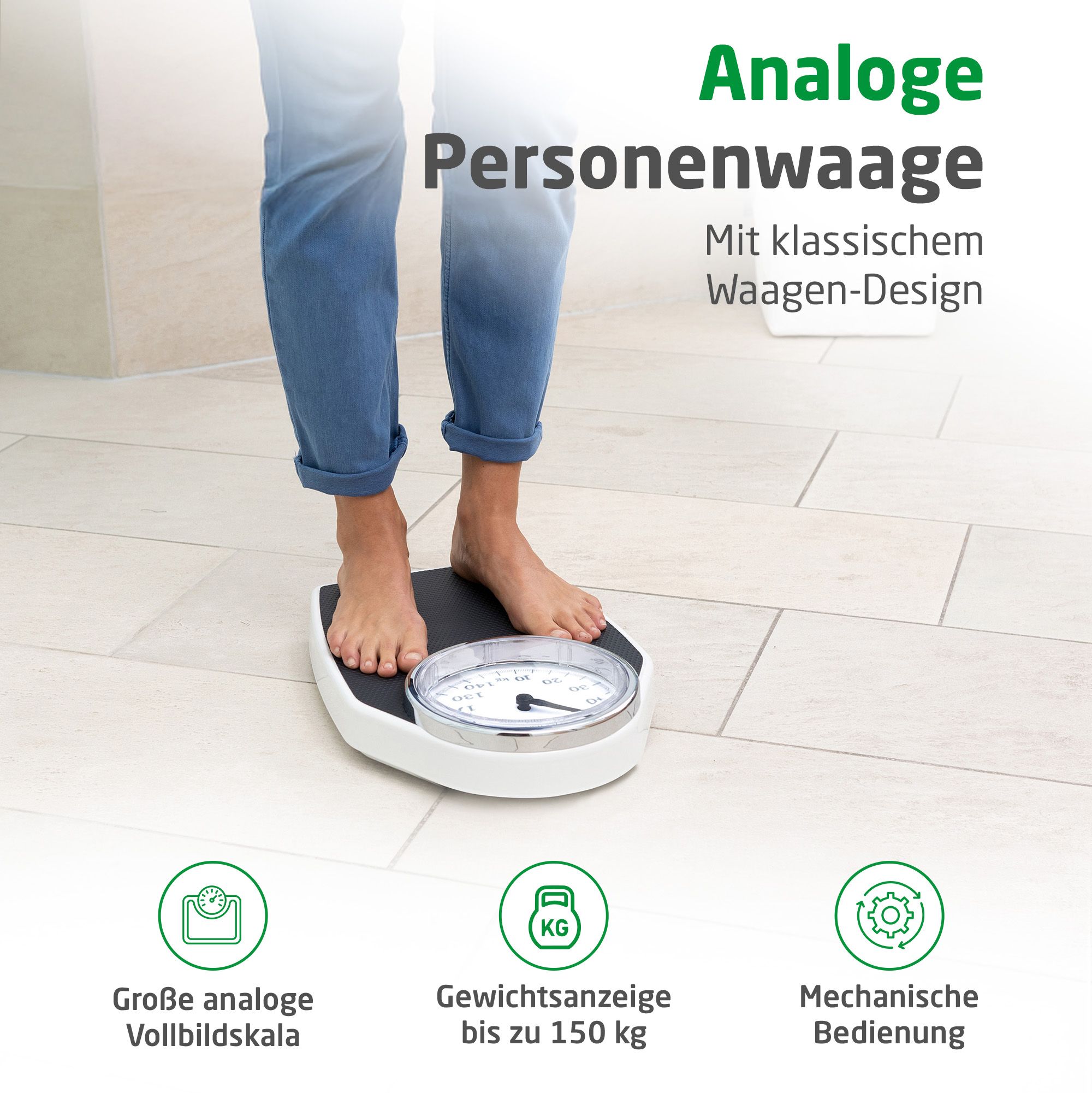 Balance personnelle analogique au design classique, affiche jusqu'à 150 kg.