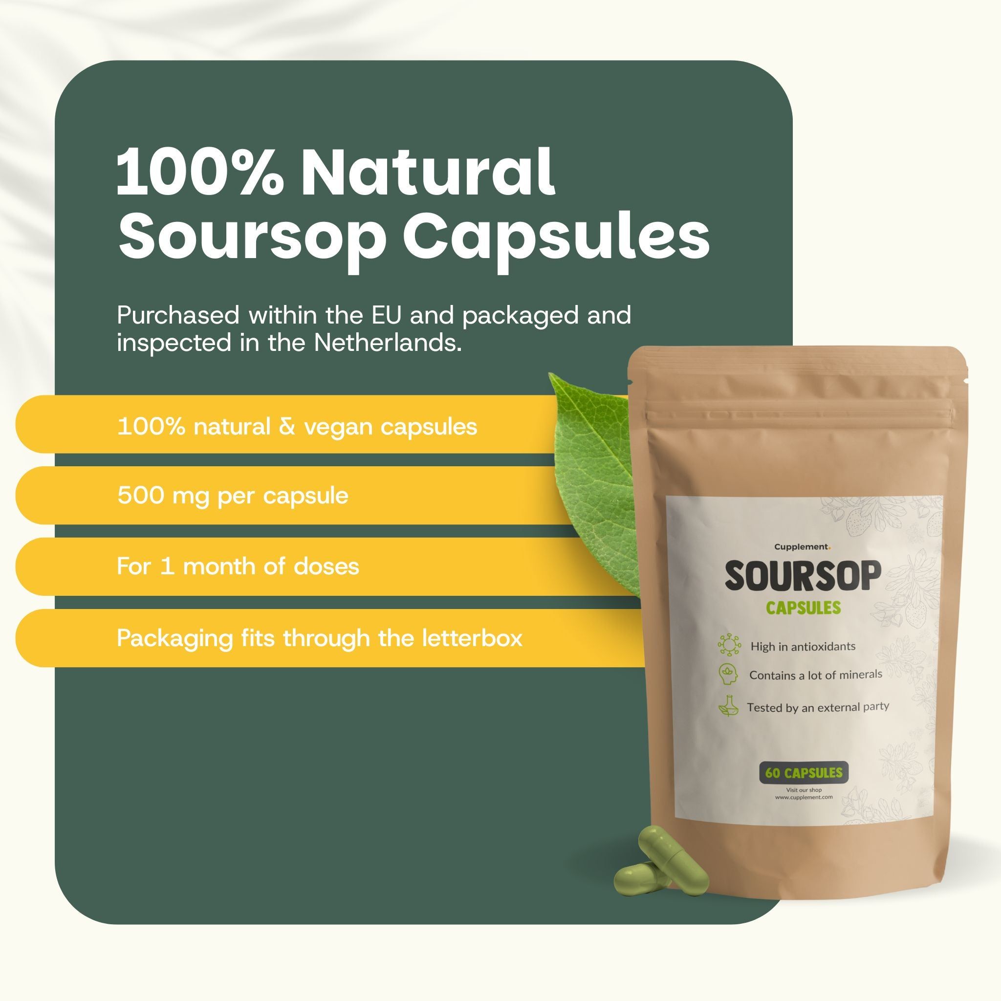 Sachet de gélules de corossol et deux gélules. Texte : gélules 100% naturelles et végétaliennes, 500 mg par gélule.