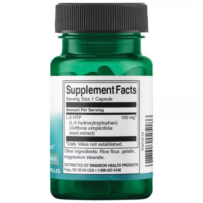 Achterkant van de groene fles. Opschrift: Supplement Facts, 100 mg L-5 HTP, ingrediënten, Swanson Health Products.