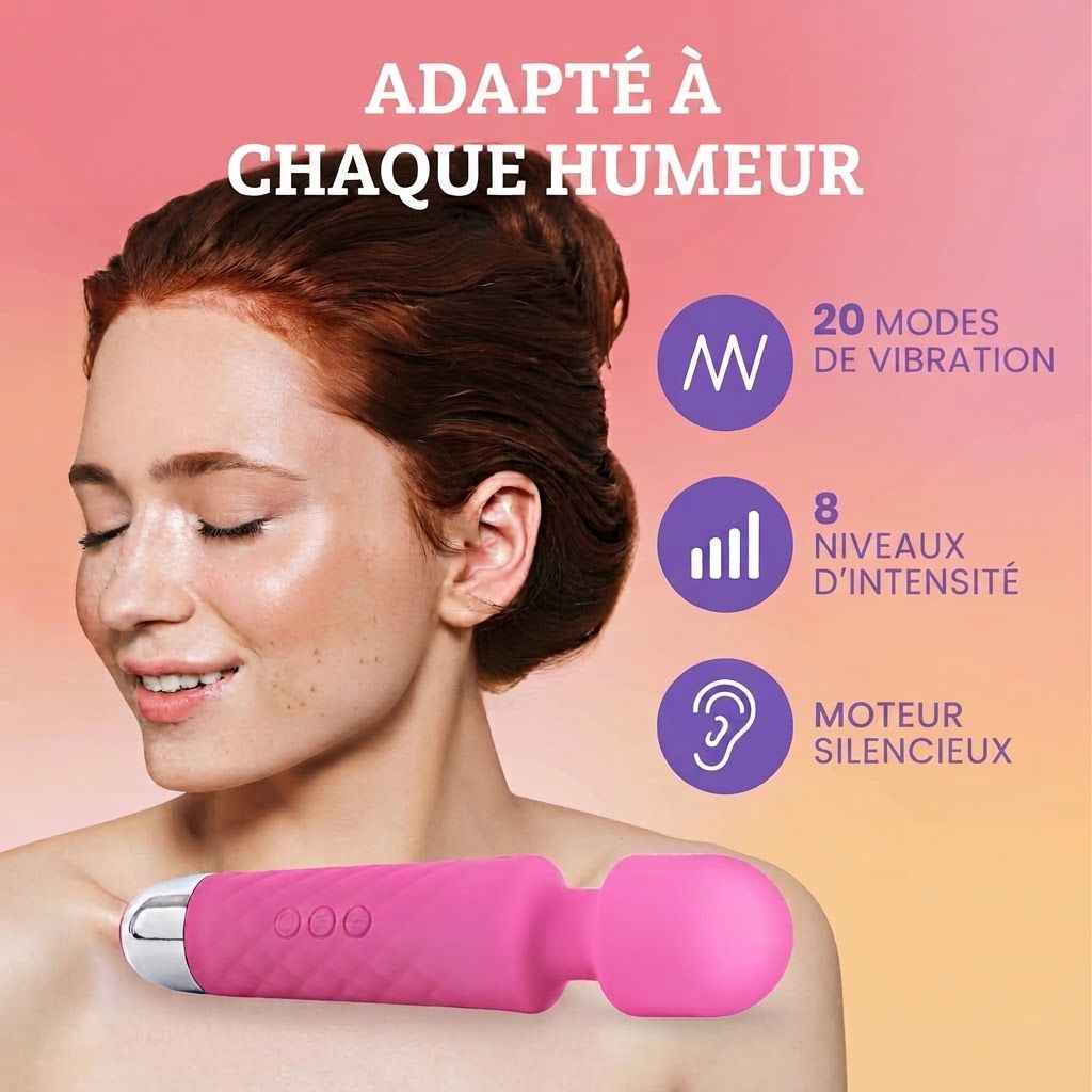 Bâton de massage rose avec 20 modes de vibration et 8 niveaux d'intensité.
