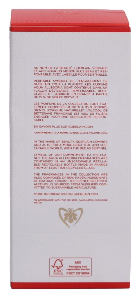 Emballage rectangulaire blanc et rouge. Texte: Guerlain, Aqua Allegoria, informations durables, logo FSC.