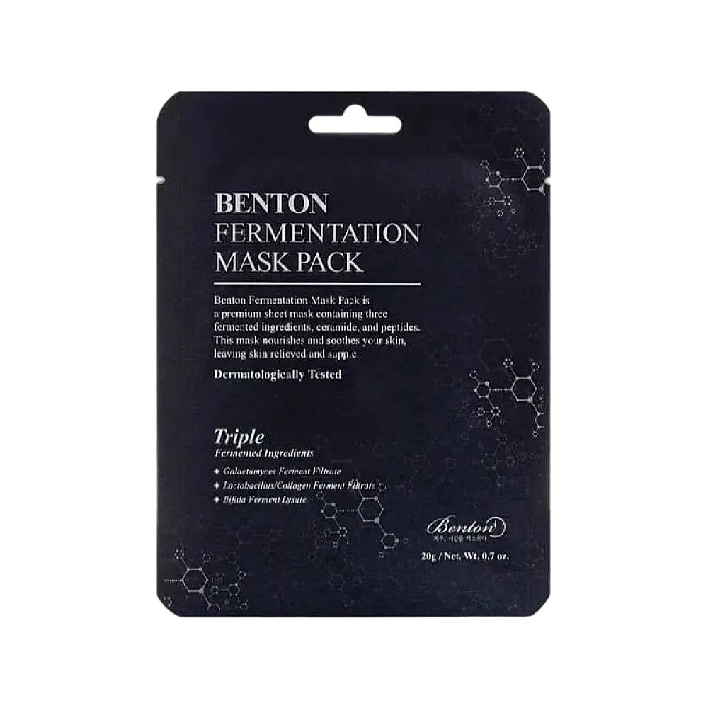Benton Fermentation Mask Pack, emballage individuel avec informations produit et design de structure moléculaire.