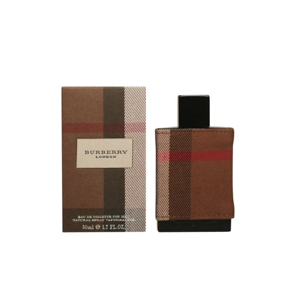Flacon et boîte. Flacon avec revêtement en tissu à carreaux. Boîte avec logo Burberry.