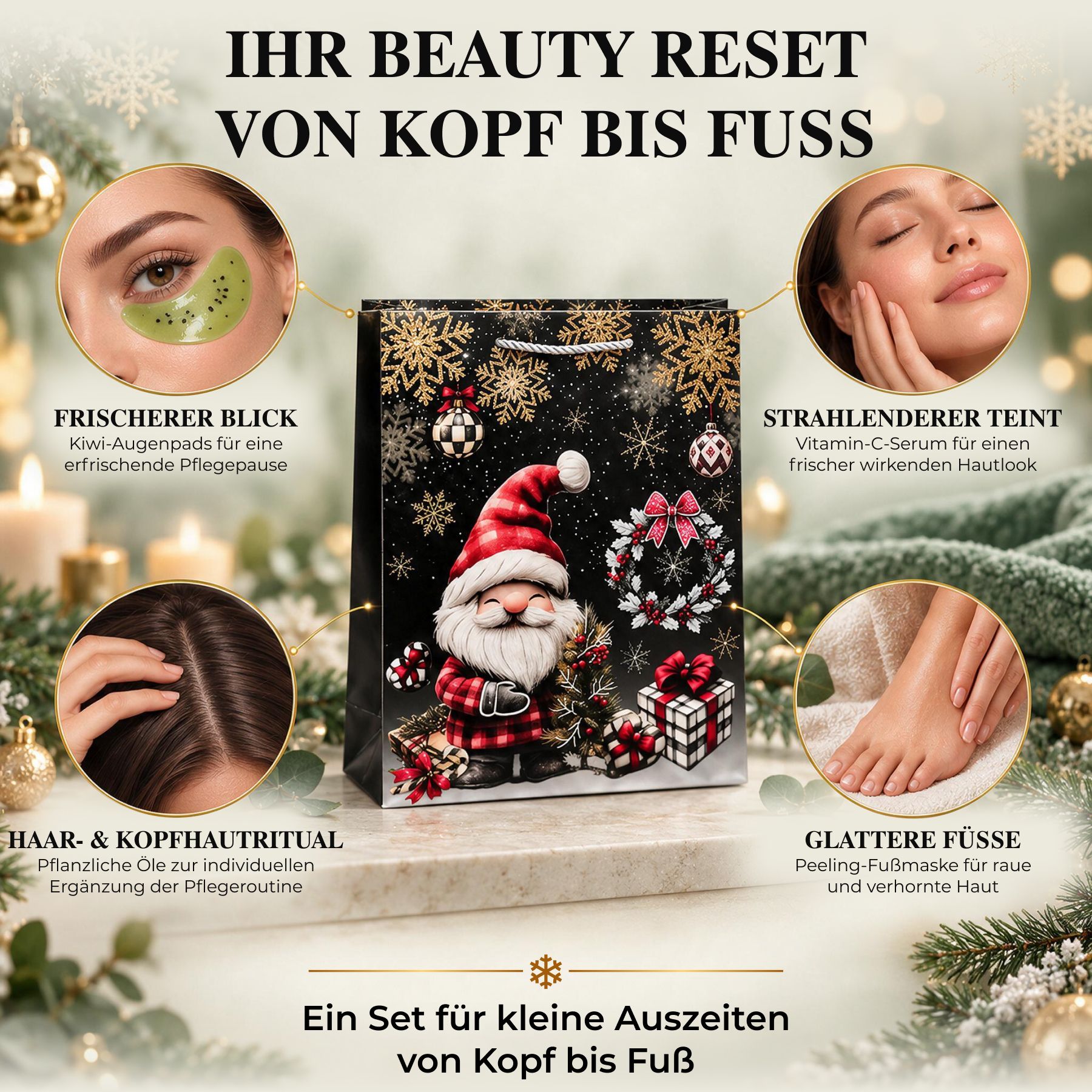Aperçu d'un coffret cadeau beauté avec produits de soin pour le visage et les pieds.