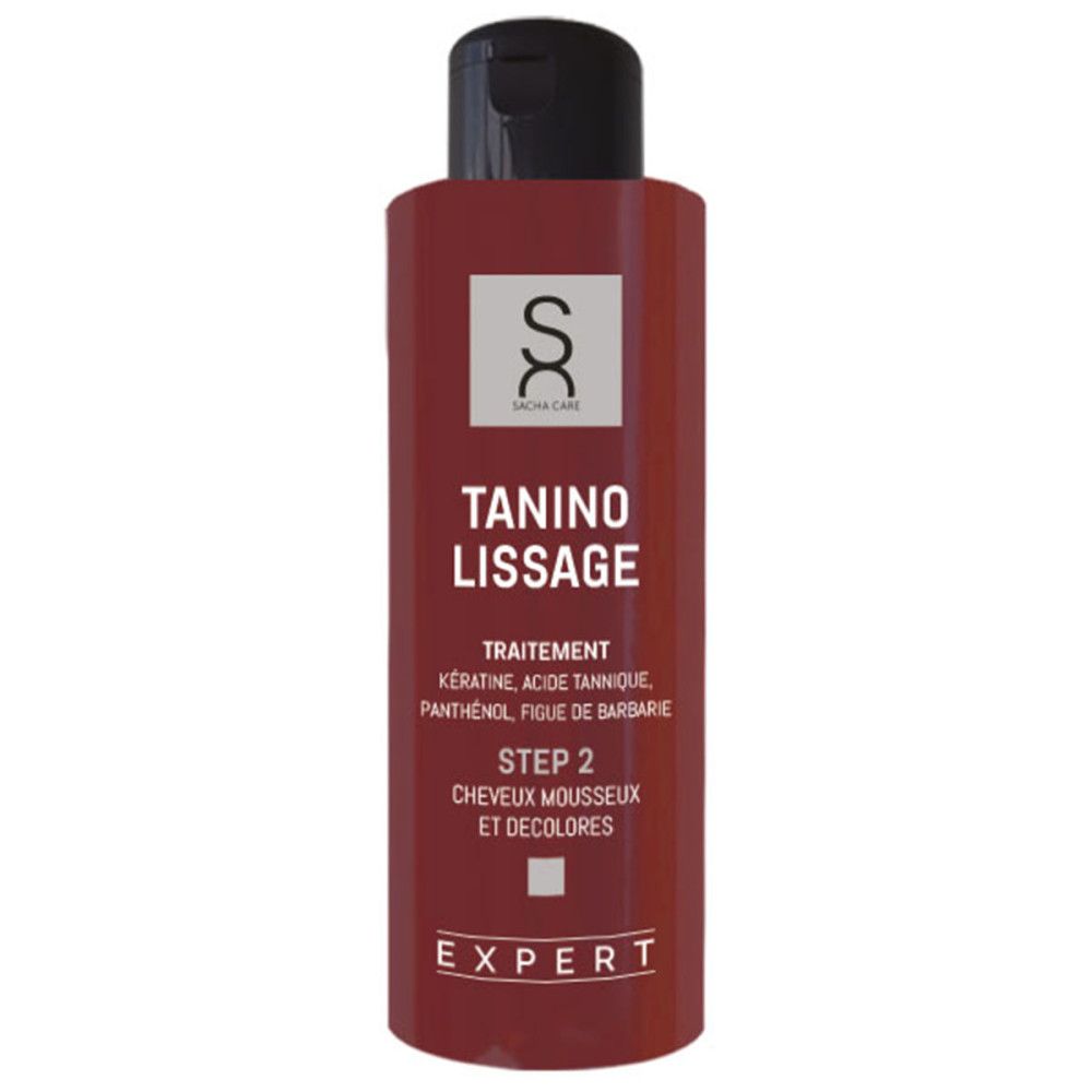 Flacon rouge avec bouchon noir. Inscription: Tanino Lissage, Step 2, Traitement. Marque: Sacha Care.