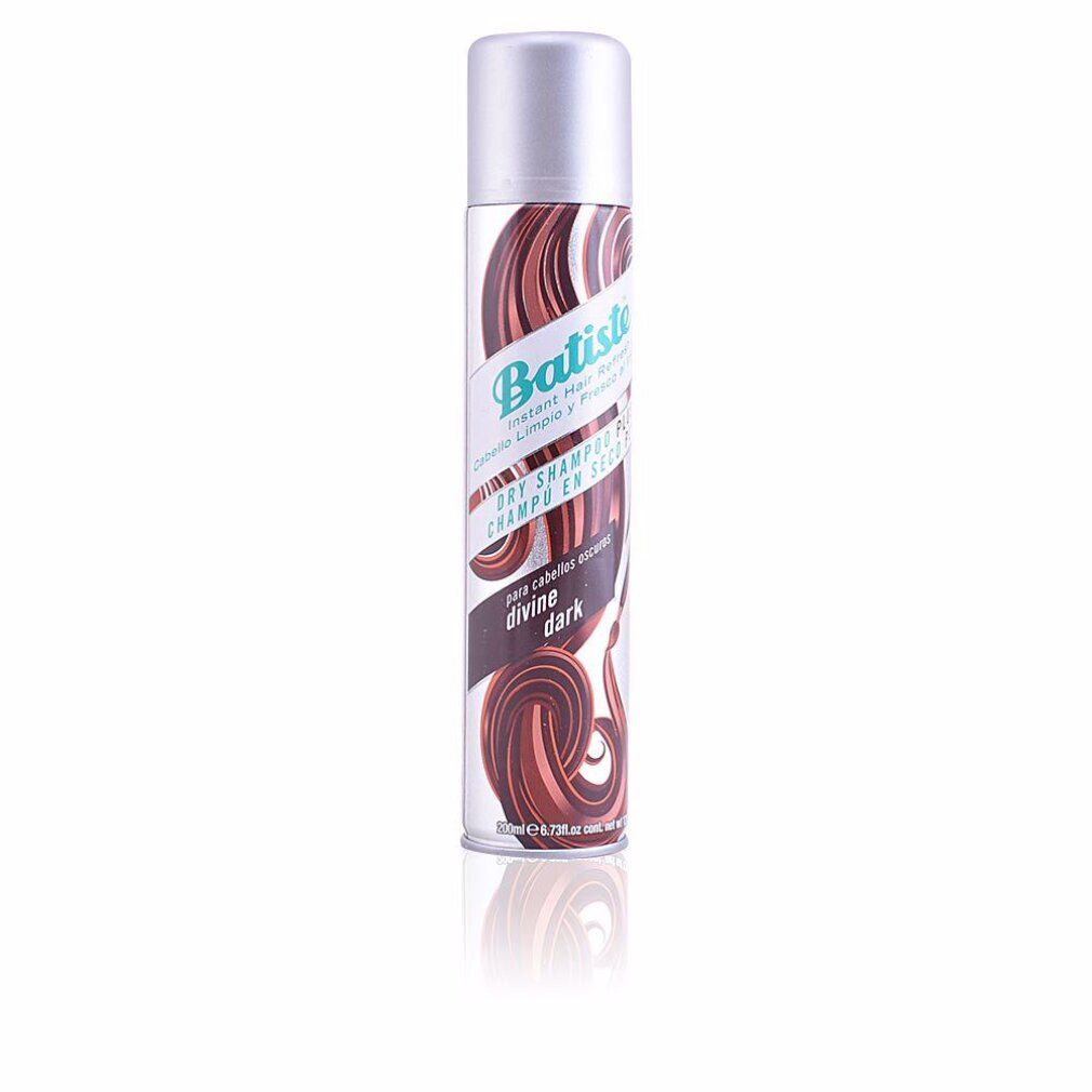 Batiste Dry Shampoo Plus Divine Dark. Bus met bruine krullen en tekst. Zilveren dop.