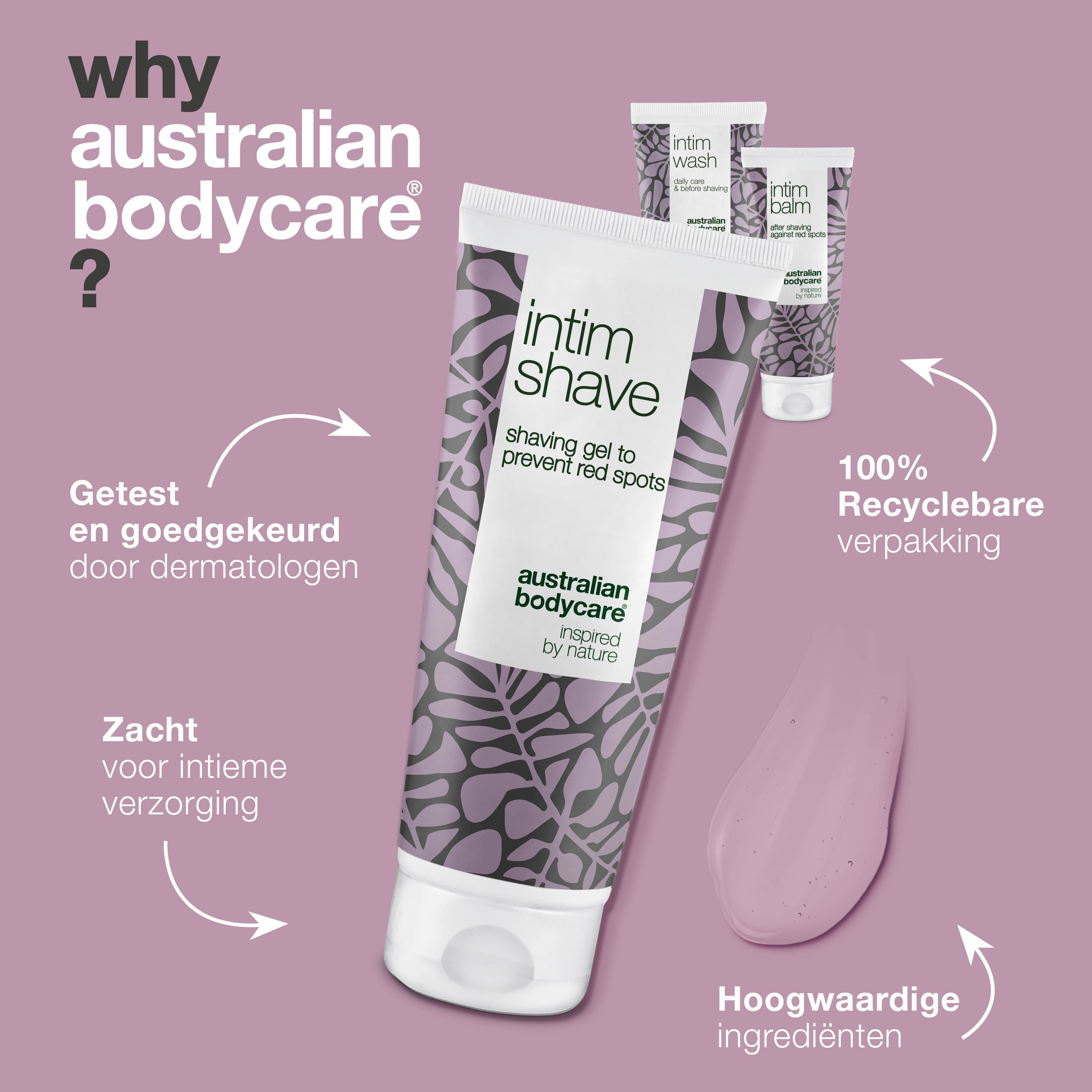 Australian Bodycare Intim Shave tube, roze gel ernaast. Tekst en logo's.