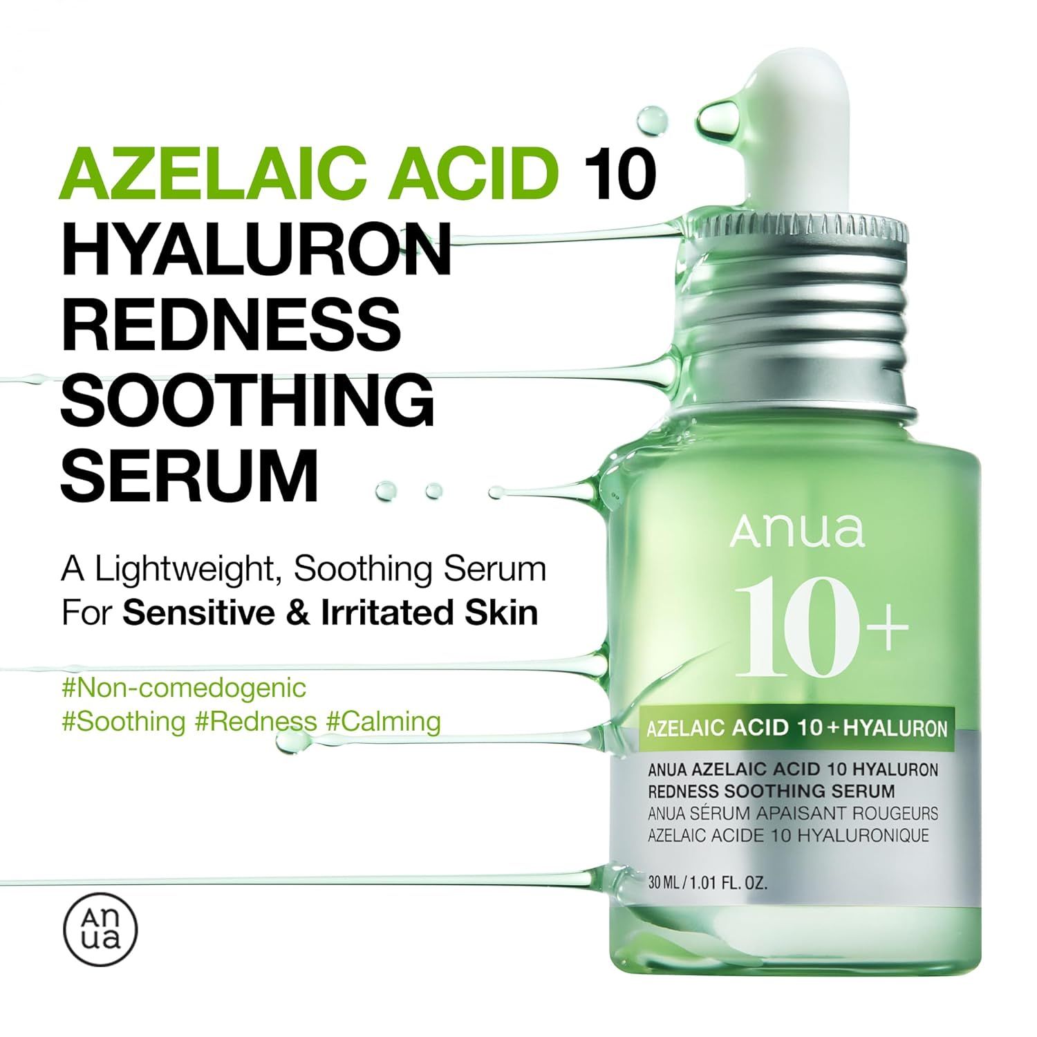 Sérum Anua Azelaic Acid 10 Hyaluron : flacon et texte sur ses propriétés apaisantes.