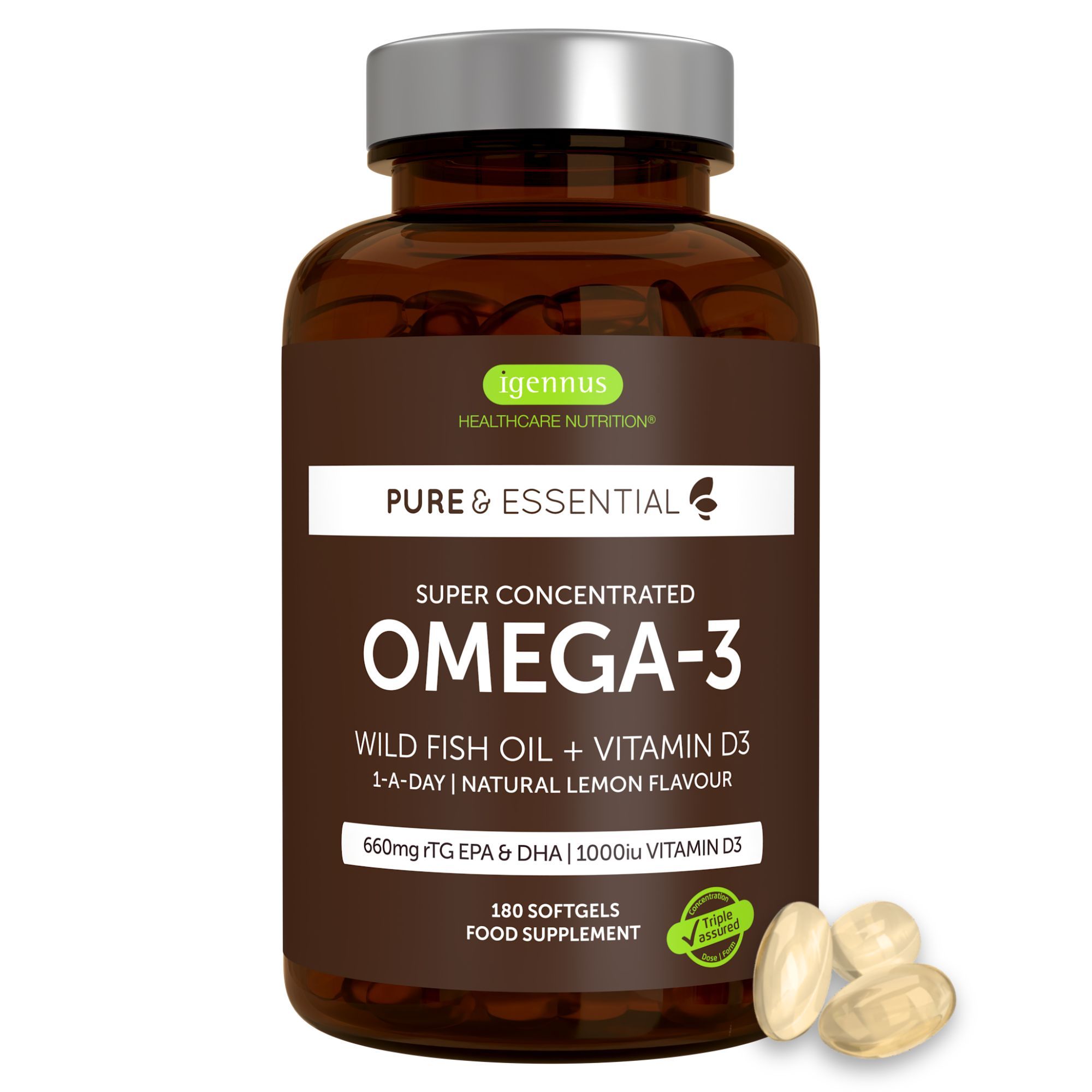 Flacon de gélules Oméga-3, Vitamine D3, citron. 180 Softgels.