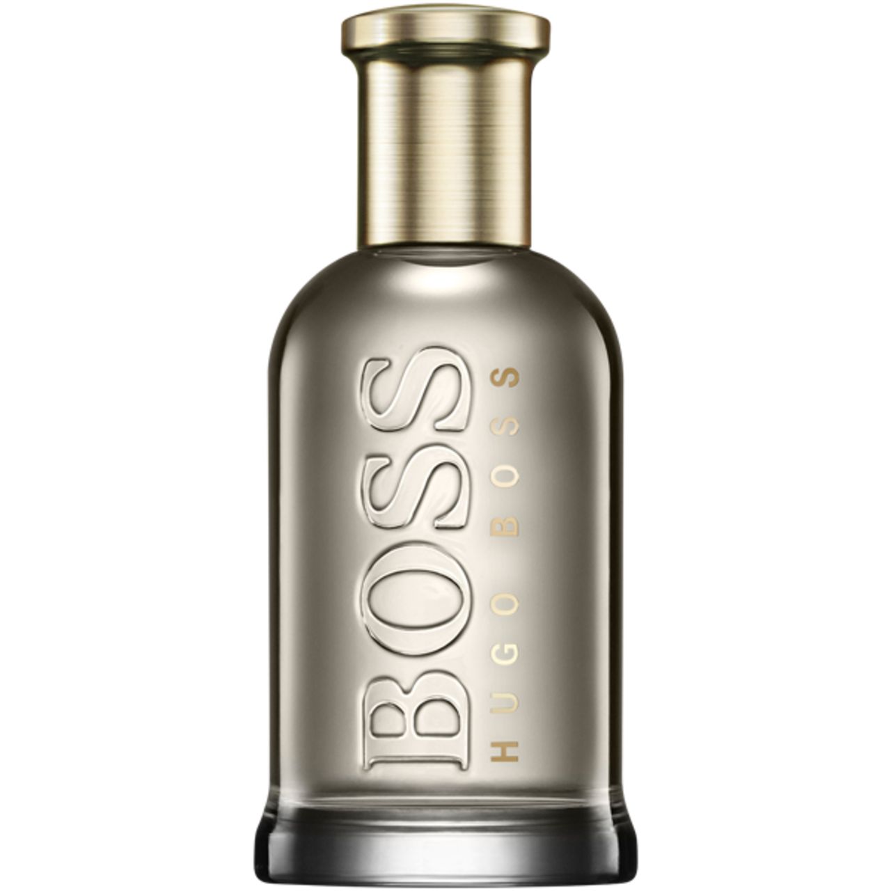 Boss Bottled Eau de Parfum fles. Glazen fles met gouden dop. BOSS-logo prominent aanwezig.