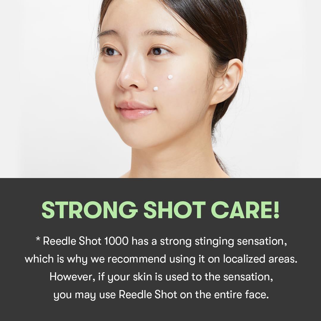 Gros plan d'un visage avec deux petits points. Texte: STRONG SHOT CARE! Recommandation pour une application localisée.