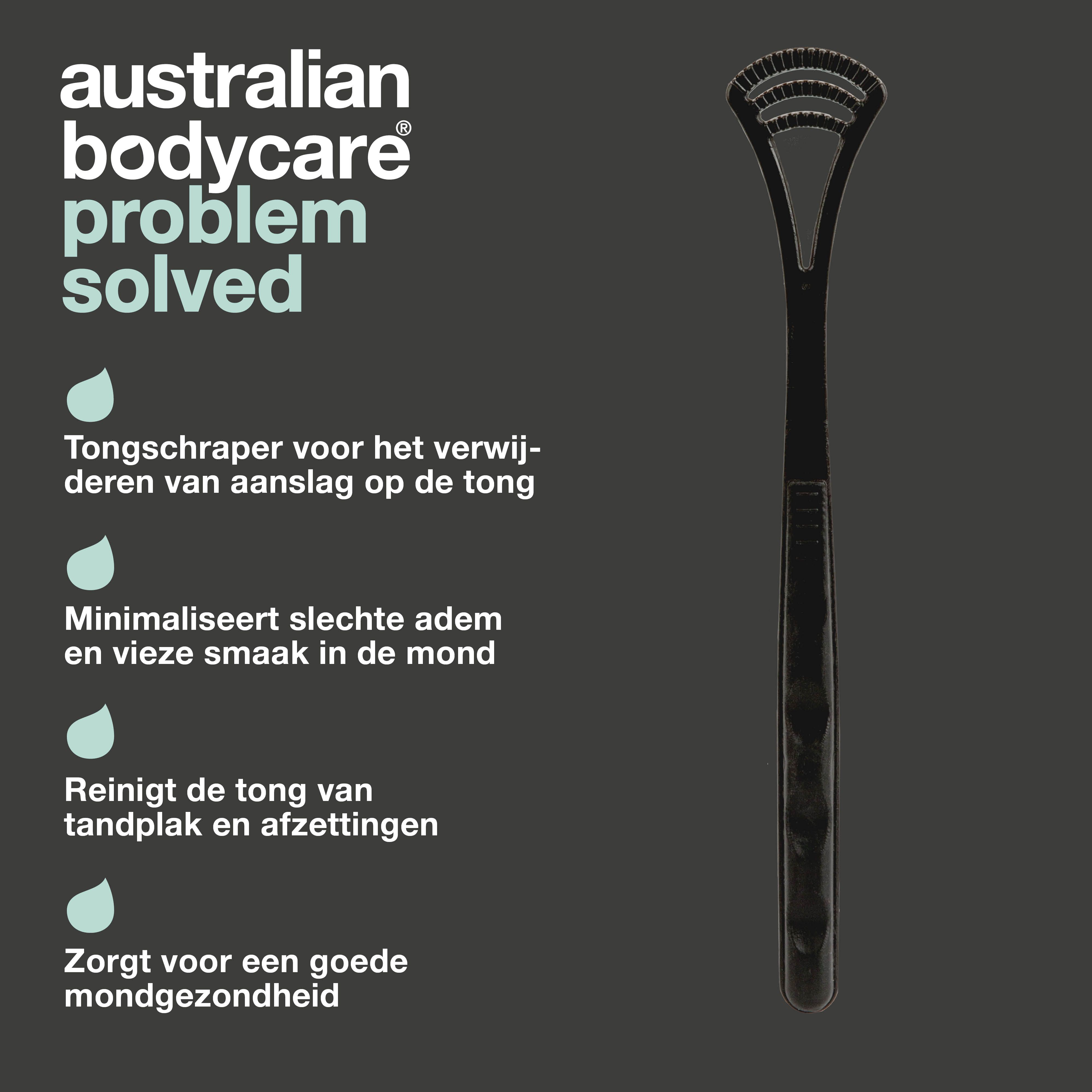 Zwarte tongschraper. Tekst: Australian Bodycare, probleem opgelost. Verwijdert aanslag, slechte adem, tandplak.