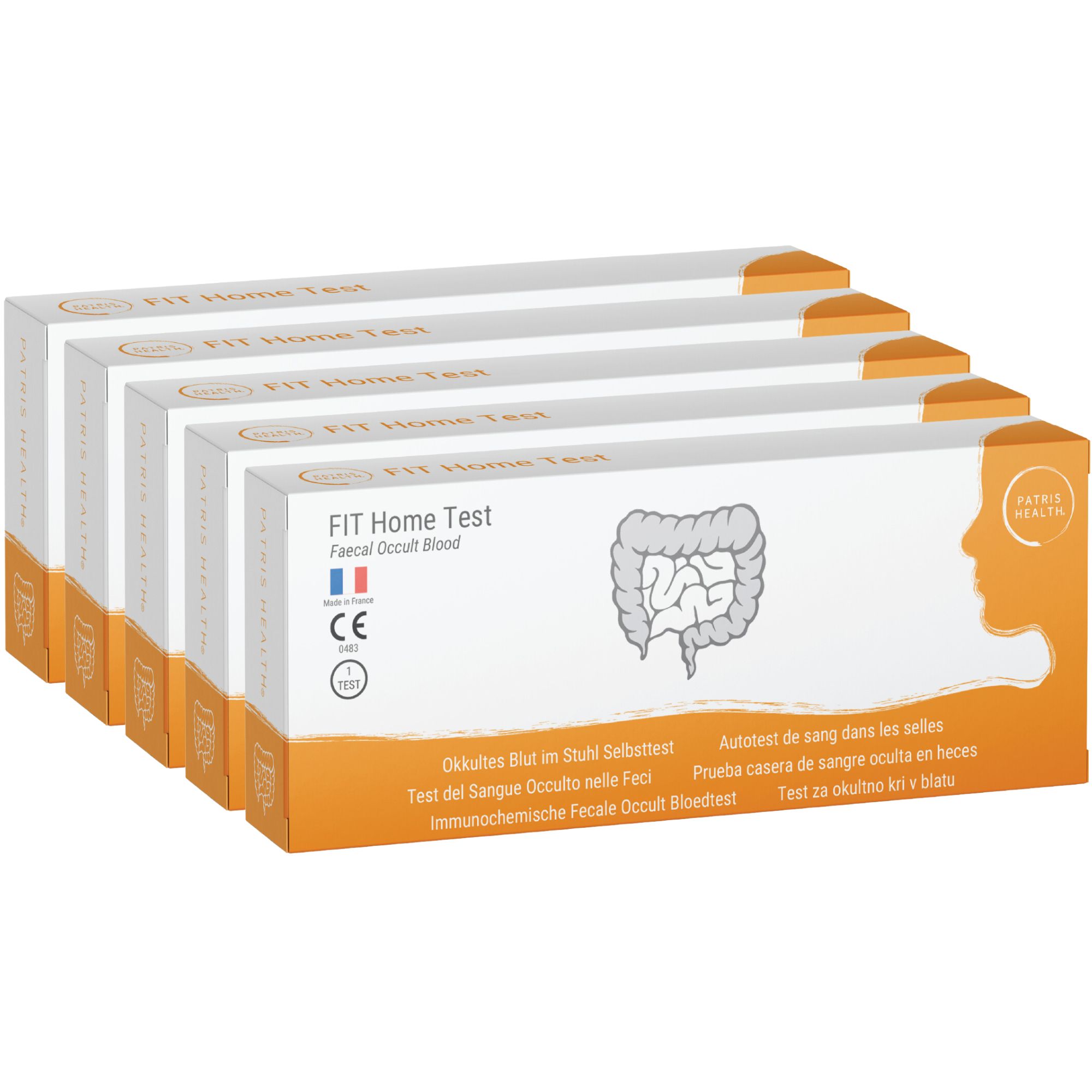 Meerdere verpakkingen FIT Home Test. Dozen met productinformatie en logo's. Productnaam: FIT Home Test.