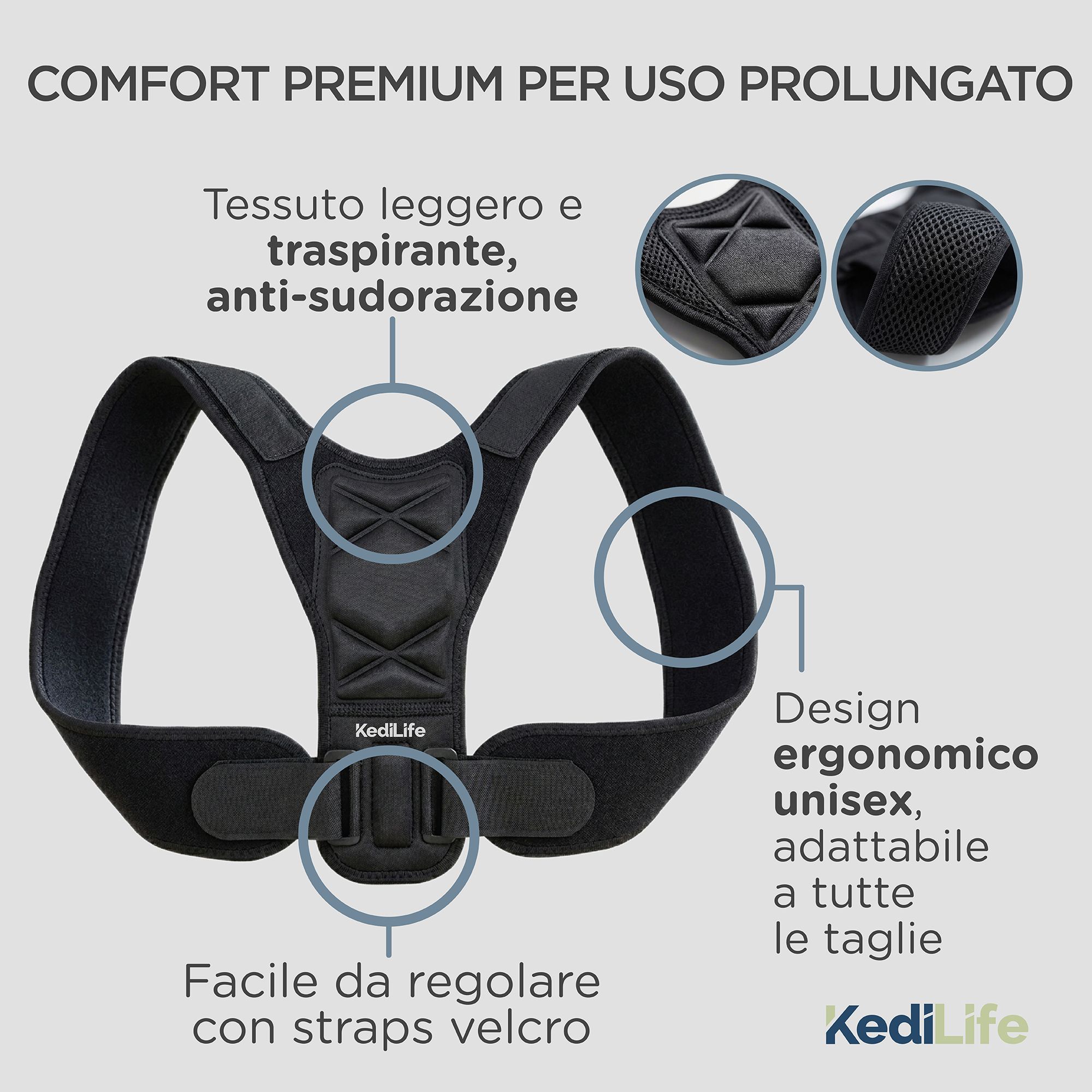 KediLife houdingscorrector, zwart. Ergonomisch ontwerp, ademende stof. KediLife-logo.
