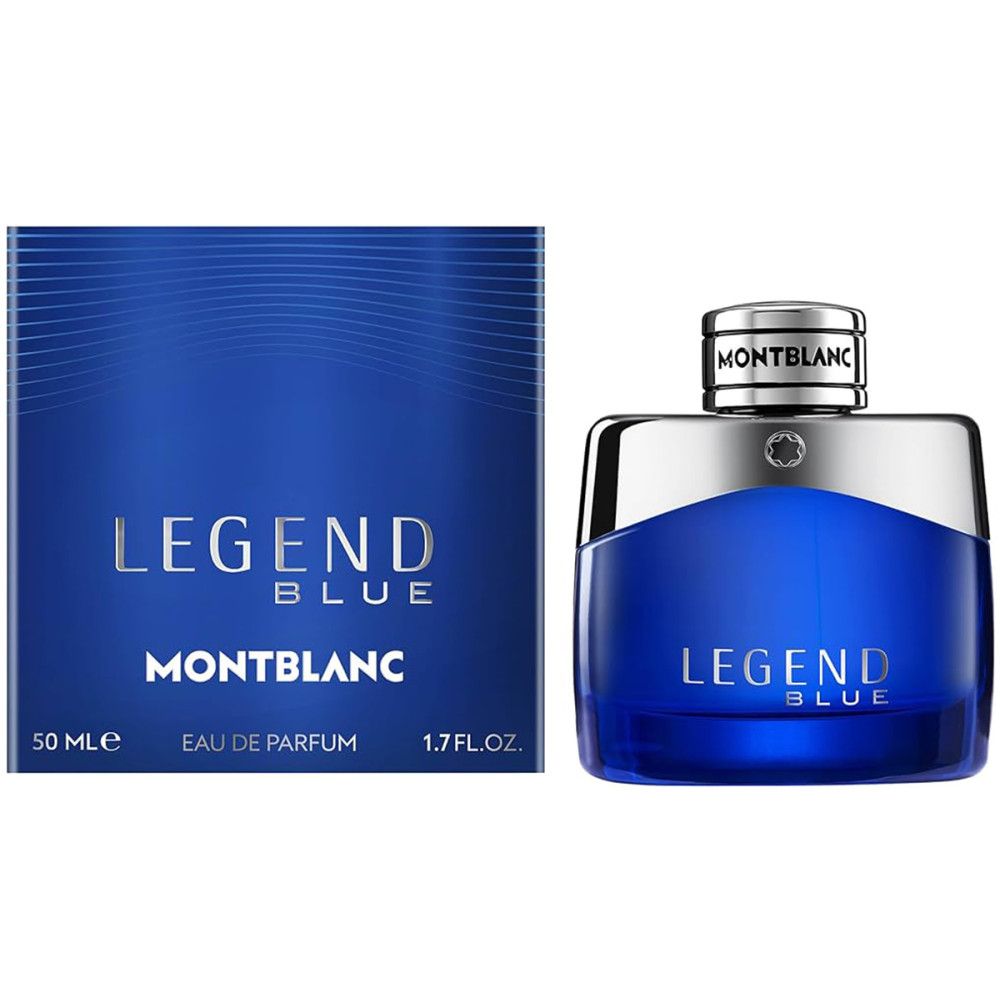 Blauwe Montblanc Legend Blue EdP-fles en doos. Fles met zilveren dop. Doos met productnaam.