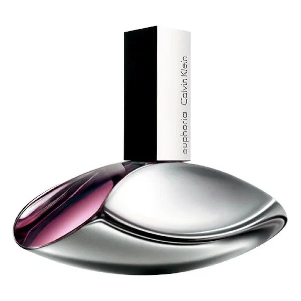 Zilverkleurige flacon met zwarte dop. Opschrift Euphoria Calvin Klein.