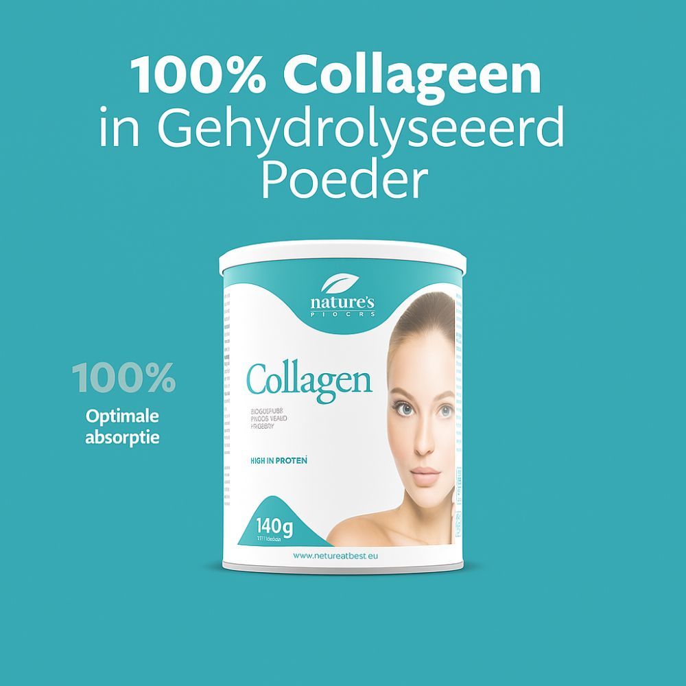 Cilindervormige pot met turquoise etiket. Opschrift: Collageen, 100% gehydrolyseerd poeder, 140g. Tekst: Optimale absorptie, zonder zoetstoffen.