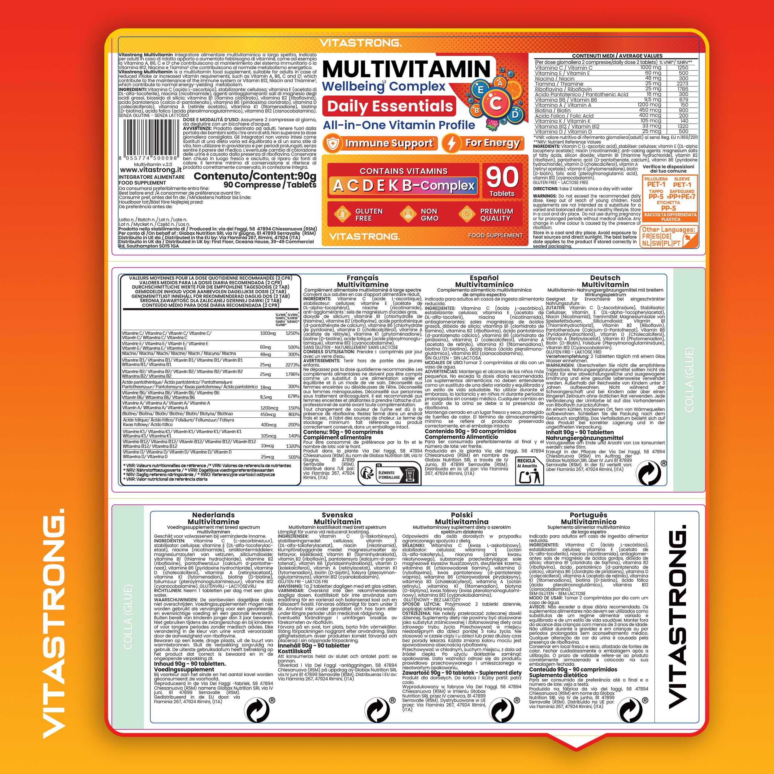 Verpakking van multivitamine supplementen met gedetailleerde voedingsinformatie en ingrediënten in meerdere talen.