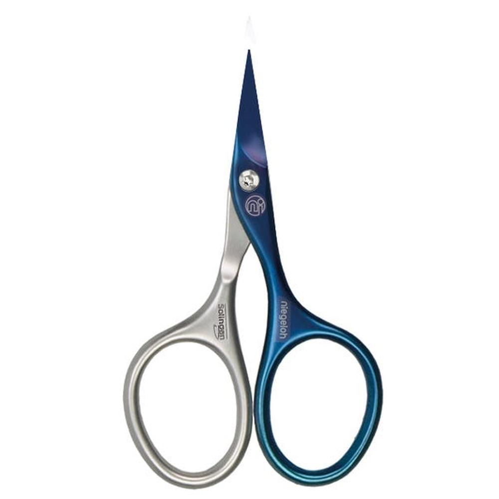 Ciseaux à cuticules bleu acier et argent. Marque "Niegeloh" et "Solingen" sur les manches.