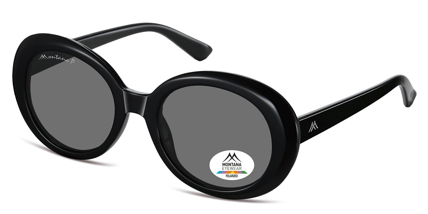 Lunettes de soleil noires avec verres ronds. Logo Montana Eyewear sur le verre et les branches. Verres polarisés.