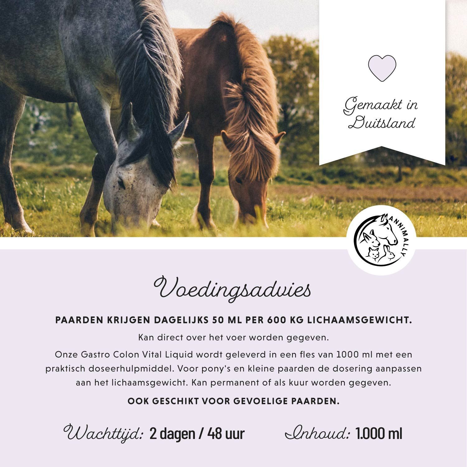 Fles vloeistof. Opschrift: Magen-Darm Liquid, Gastro Colon Vital. Paardenlogo. 1000 ml.