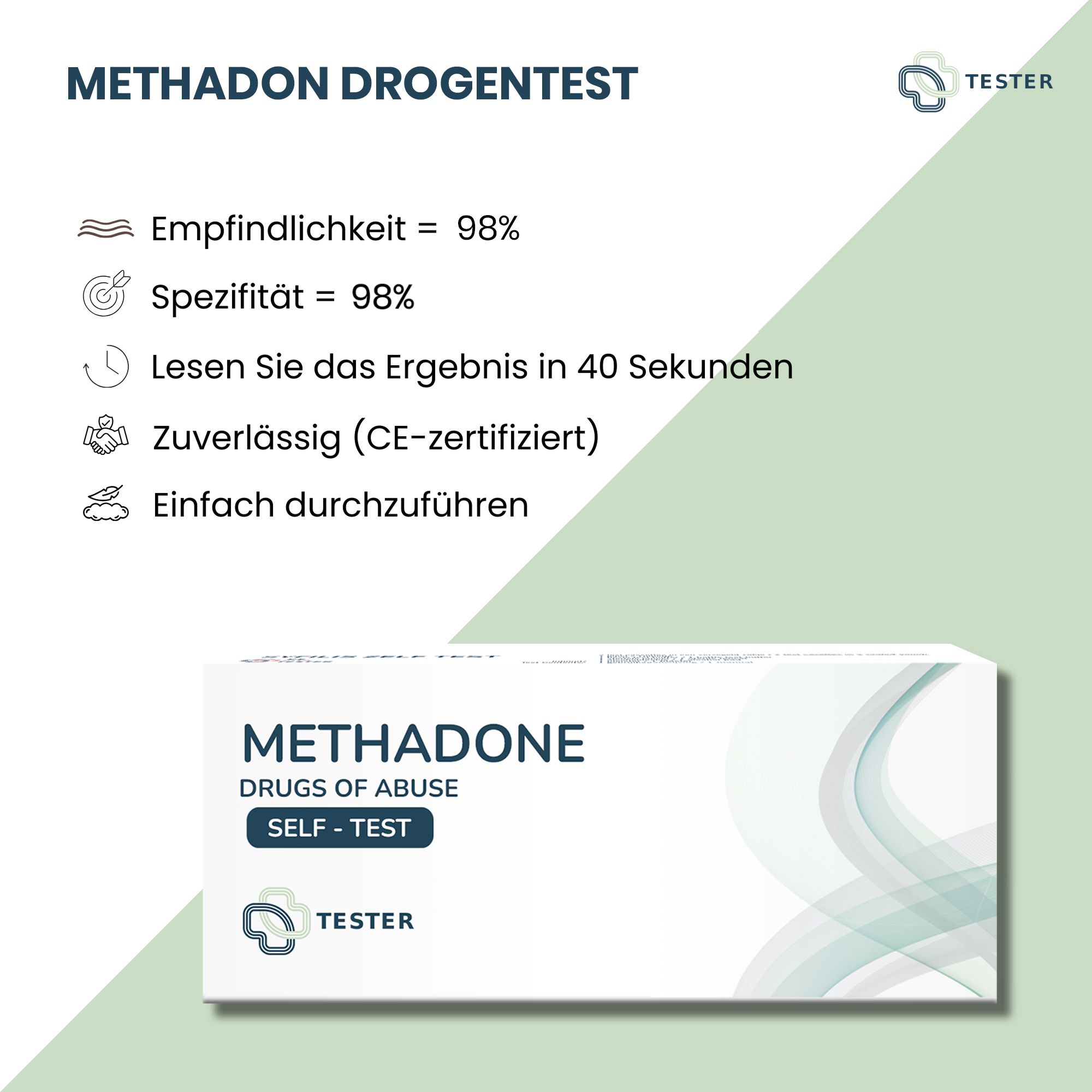 Productverpakking met tekst "METHADON DROGENTEST". Tekst: Gevoeligheid 98%, Specificiteit 98%, Resultaat in 40 seconden, CE-gecertificeerd.
