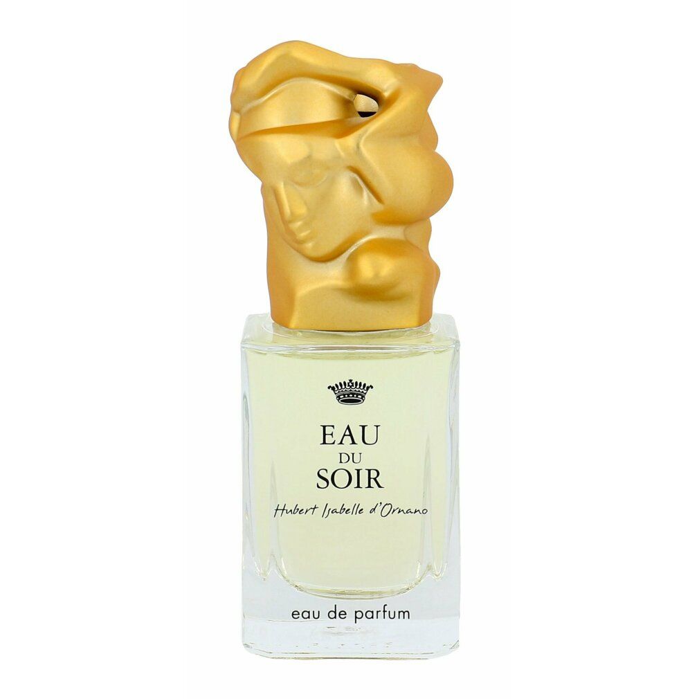 Parfumfles met gouden dop. Opschrift: Eau du Soir, Hubert Isabelle d'Ornano. Transparante glazen fles.