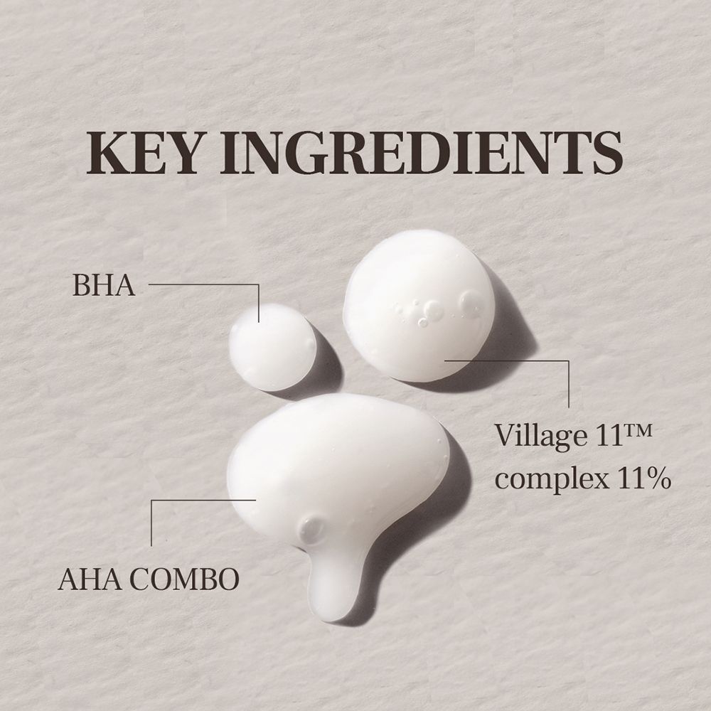 Close-up van drie witte druppels. Opschriften: BHA, AHA COMBO, Village 11™ complex 11%.