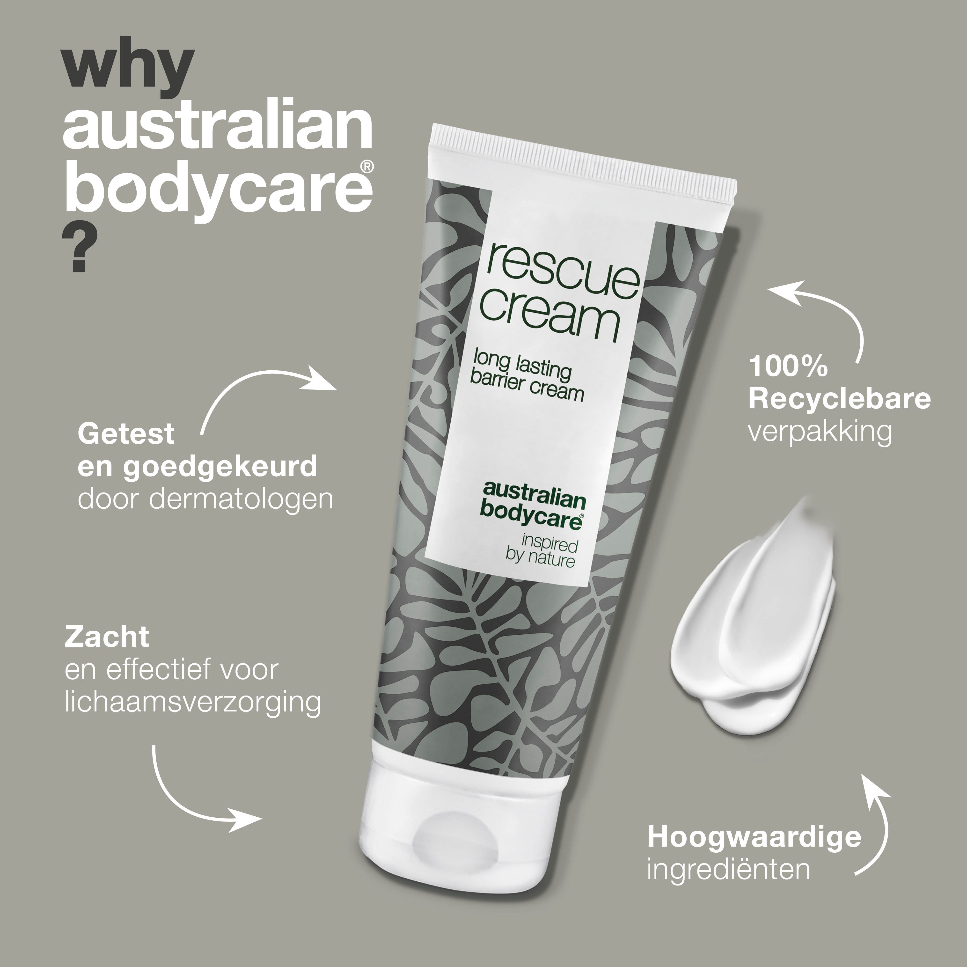 Vergelijking: probleem en oplossing. Tube barrièrecrème. Tekst: rescue cream, australian bodycare.
