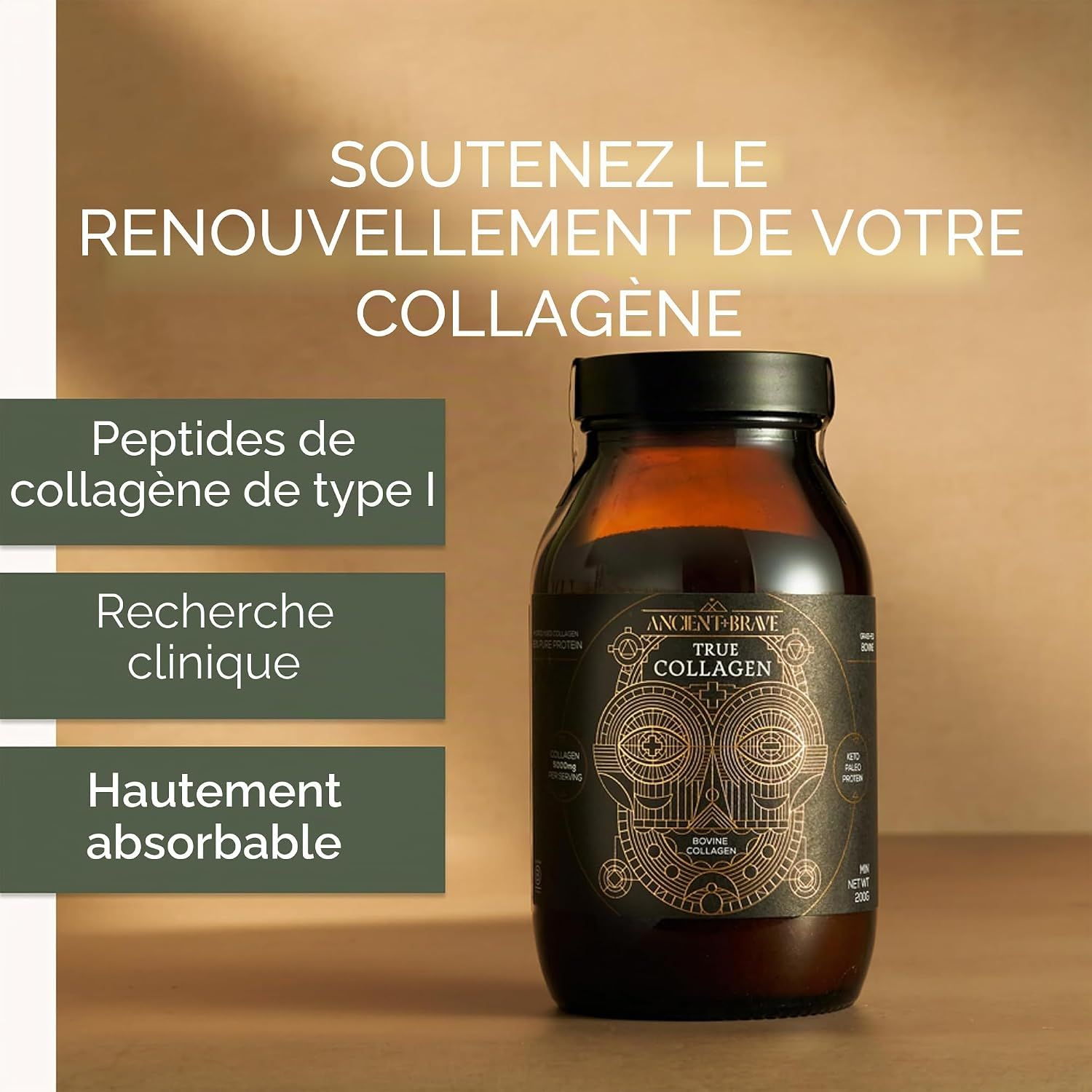 Bouteille de poudre de collagène avec étiquette. Texte sur les peptides de collagène et la recherche.