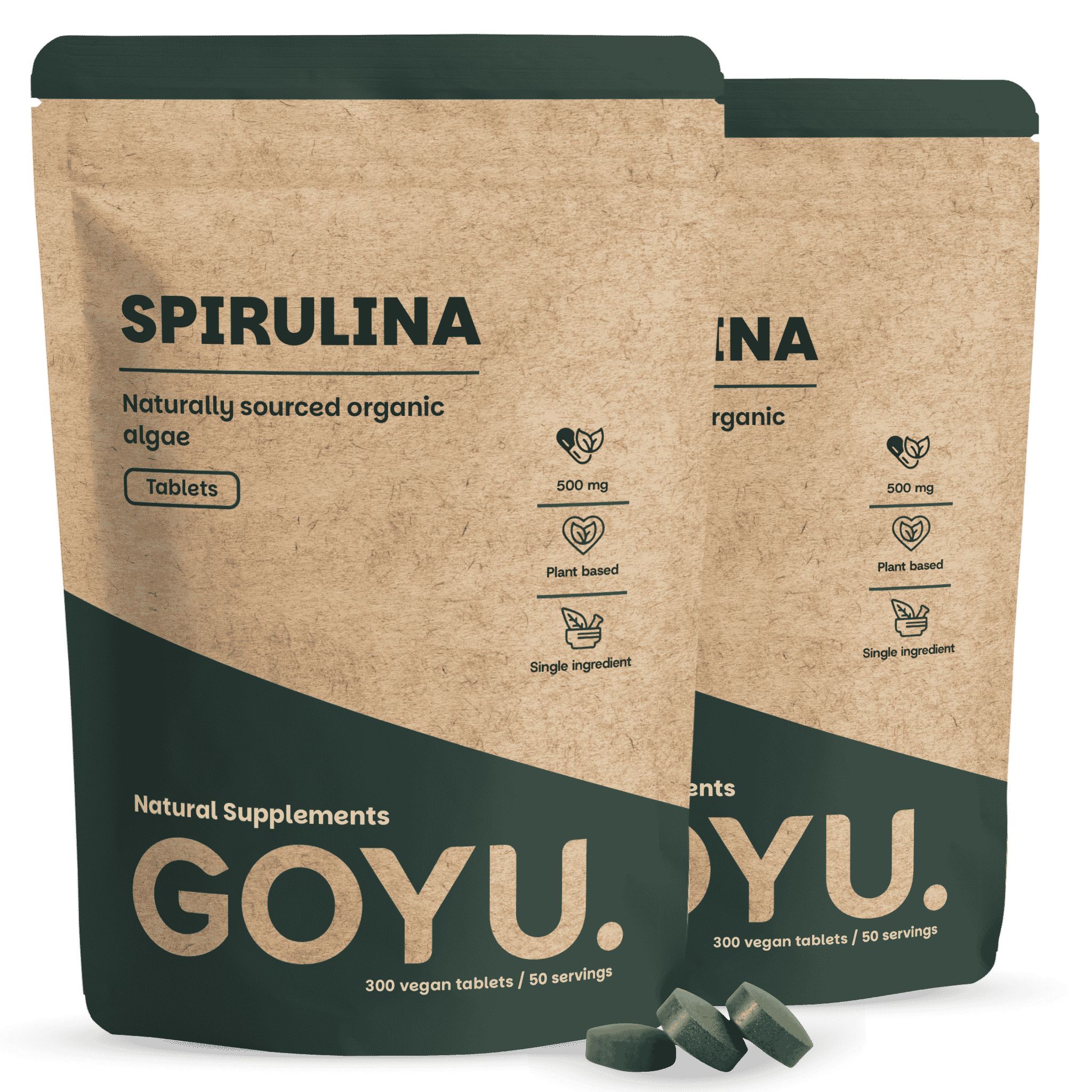 Twee pakken GOYU Spirulina tabletten, 300 veganistische tabletten per pak.