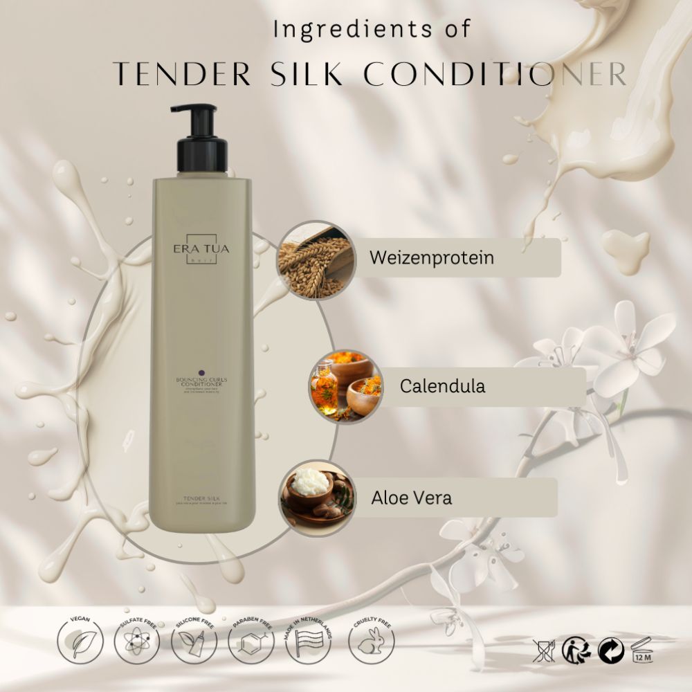 Beige fles met zwarte pompdeksel. Tekst: Era Tua, Tender Silk Conditioner. Ingrediënten: Tarweproteïne, Calendula, Aloë Vera.