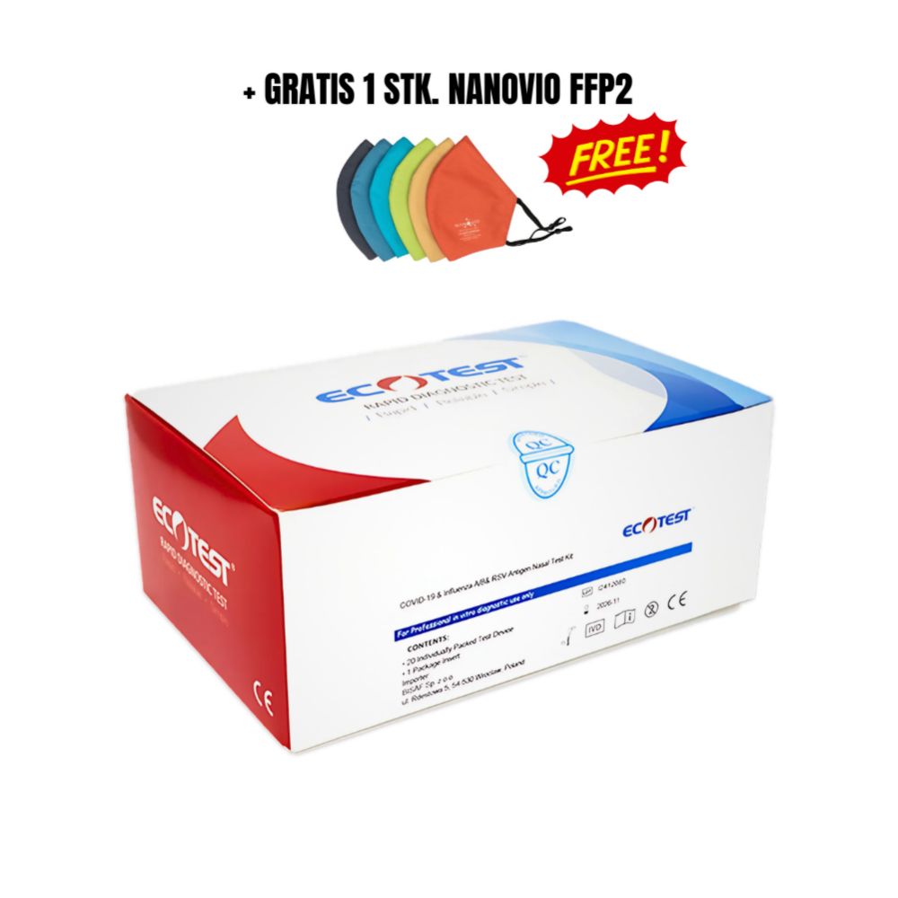 Boîte ECOTEST avec inscription et masque Nanovio FFP2 gratuit. Contient des tests COVID-19, Grippe A+B, VRS. CE.