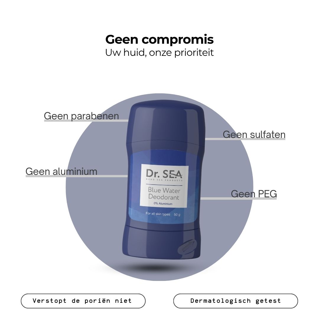 Blauwe deodorantstick. Tekst: Geen compromis. Zonder parabenen, aluminium, sulfaten, PEG. Verstopt de poriën niet. Getest.