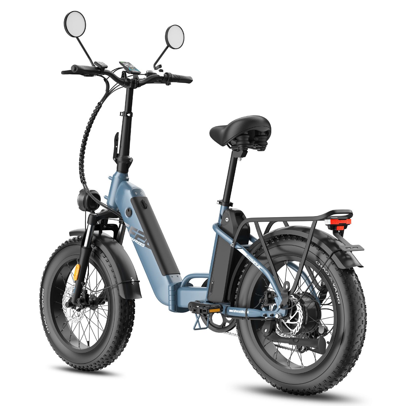Vélo électrique bleu Fafrees FF20 Polar avec double batterie. Pneus, selle et porte-bagages noirs. Feu arrière.