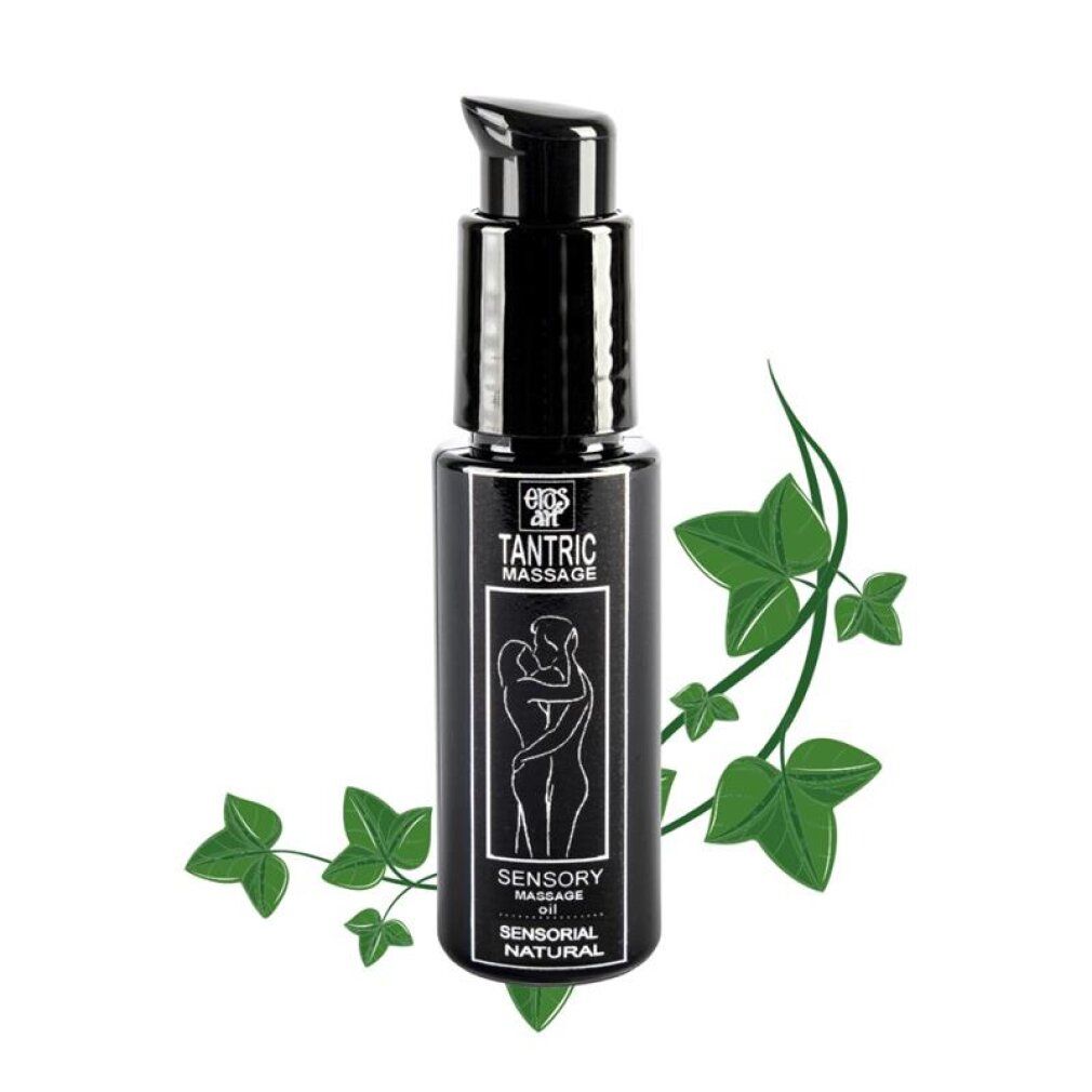 Huile de massage tantrique dans une bouteille noire avec pompe. Étiquette montrant un couple et des feuilles vertes.