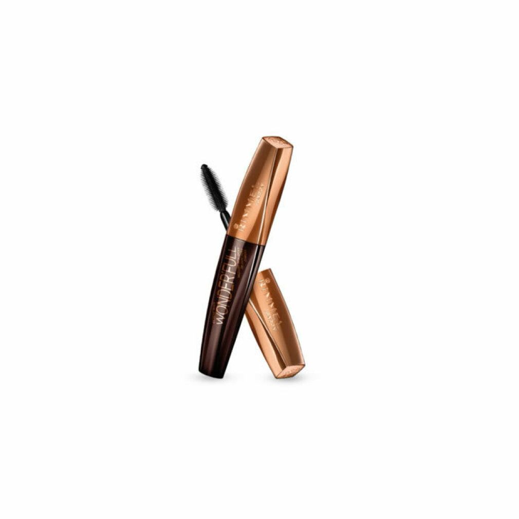 Mascara tube en dop. Donkerbruin met gouden dop. Opschrift: Rimmel Wonder'full.
